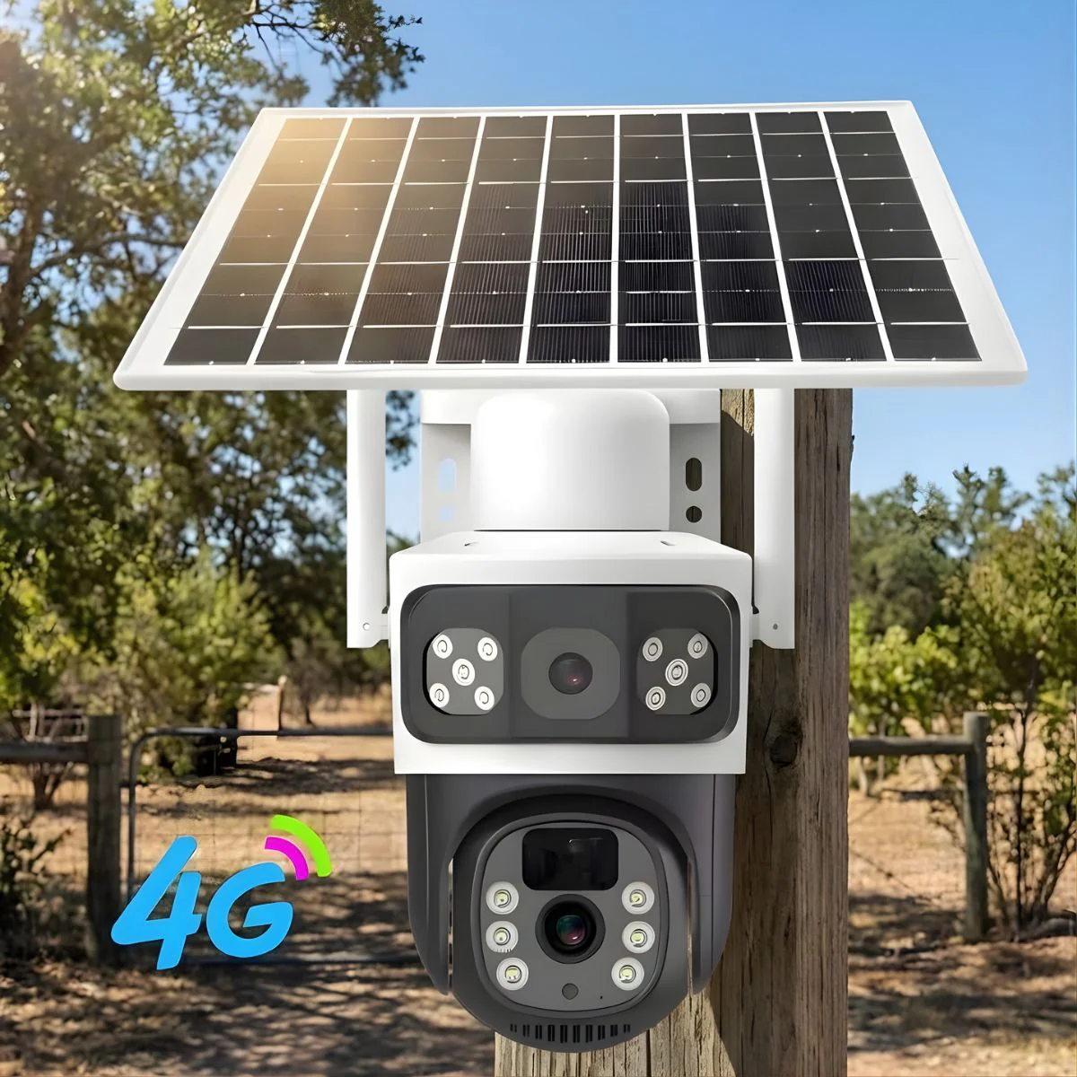 Cámara De Seguridad Solar 4G Doble Lente T8 Blanca Con Visión Nocturna Color, Audio Bidireccional Y PTZ 355° (Funciona Solo Con SIM CARD 4G)