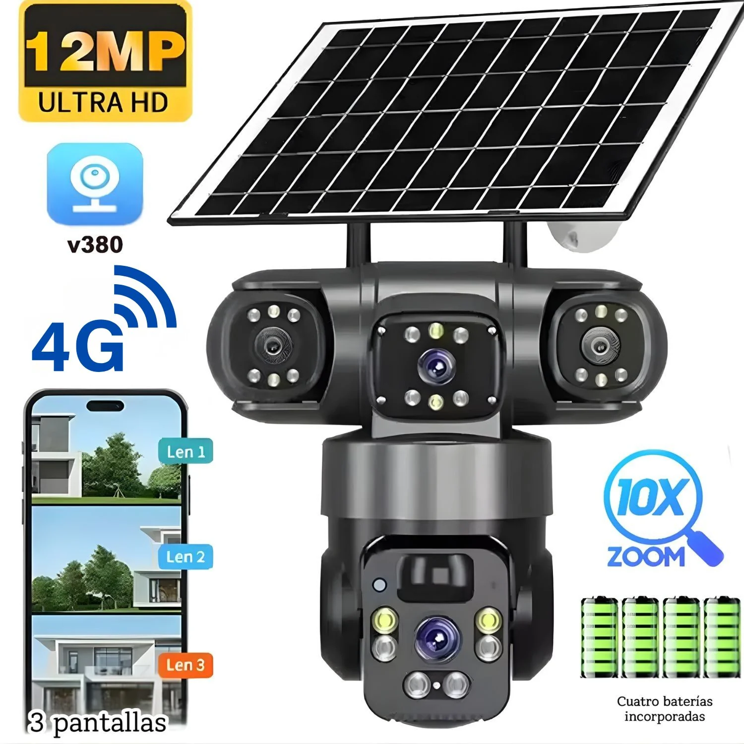 Cámara De Seguridad Solar 4G. Triple Lente 12MP 2K IP66 PTZ 360°. Zoom 10X. Audio Bidireccional Con Detección Humana. - Image 3