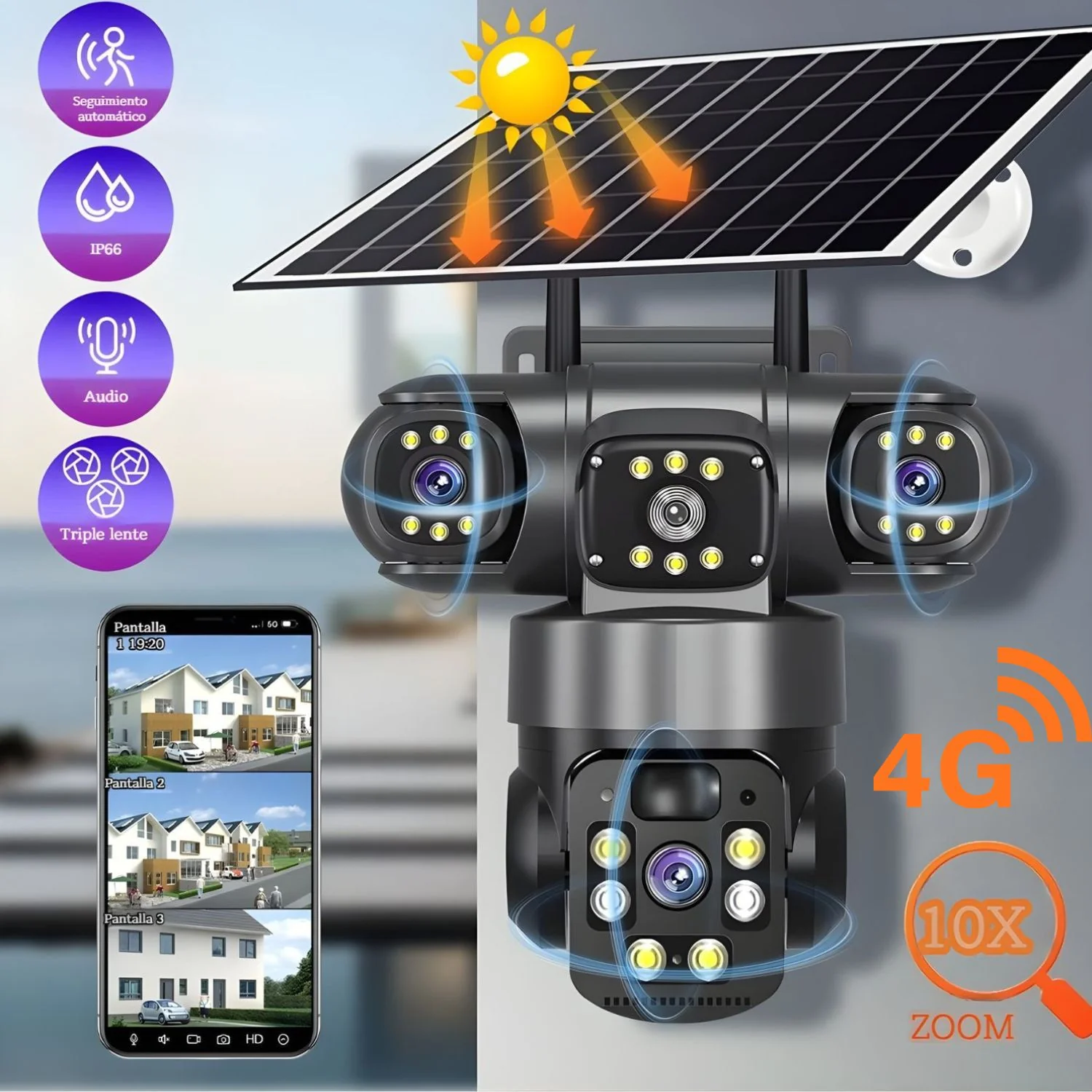 Cámara De Seguridad Solar 4G. Triple Lente 12MP 2K IP66 PTZ 360°. Zoom 10X. Audio Bidireccional Con Detección Humana. - Image 4