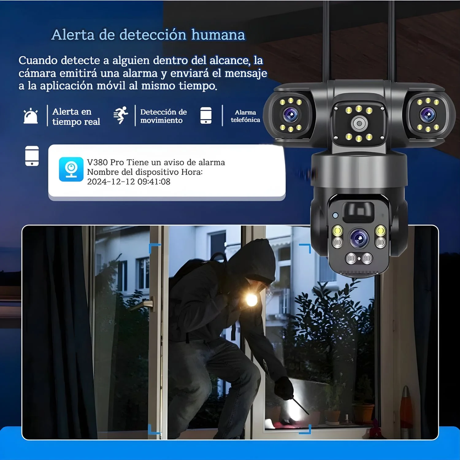 Cámara De Seguridad Solar 4G. Triple Lente 12MP 2K IP66 PTZ 360°. Zoom 10X. Audio Bidireccional Con Detección Humana. - Image 5