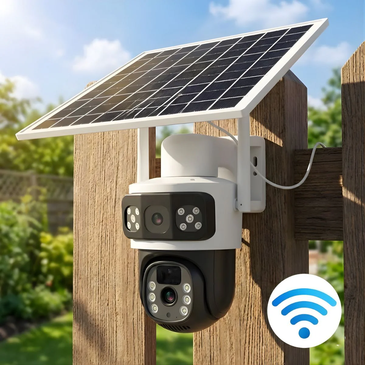Cámara De Seguridad Solar Wifi Doble Lente T8 Blanca Con Visión Nocturna Color, Audio Bidireccional Y PTZ 355°