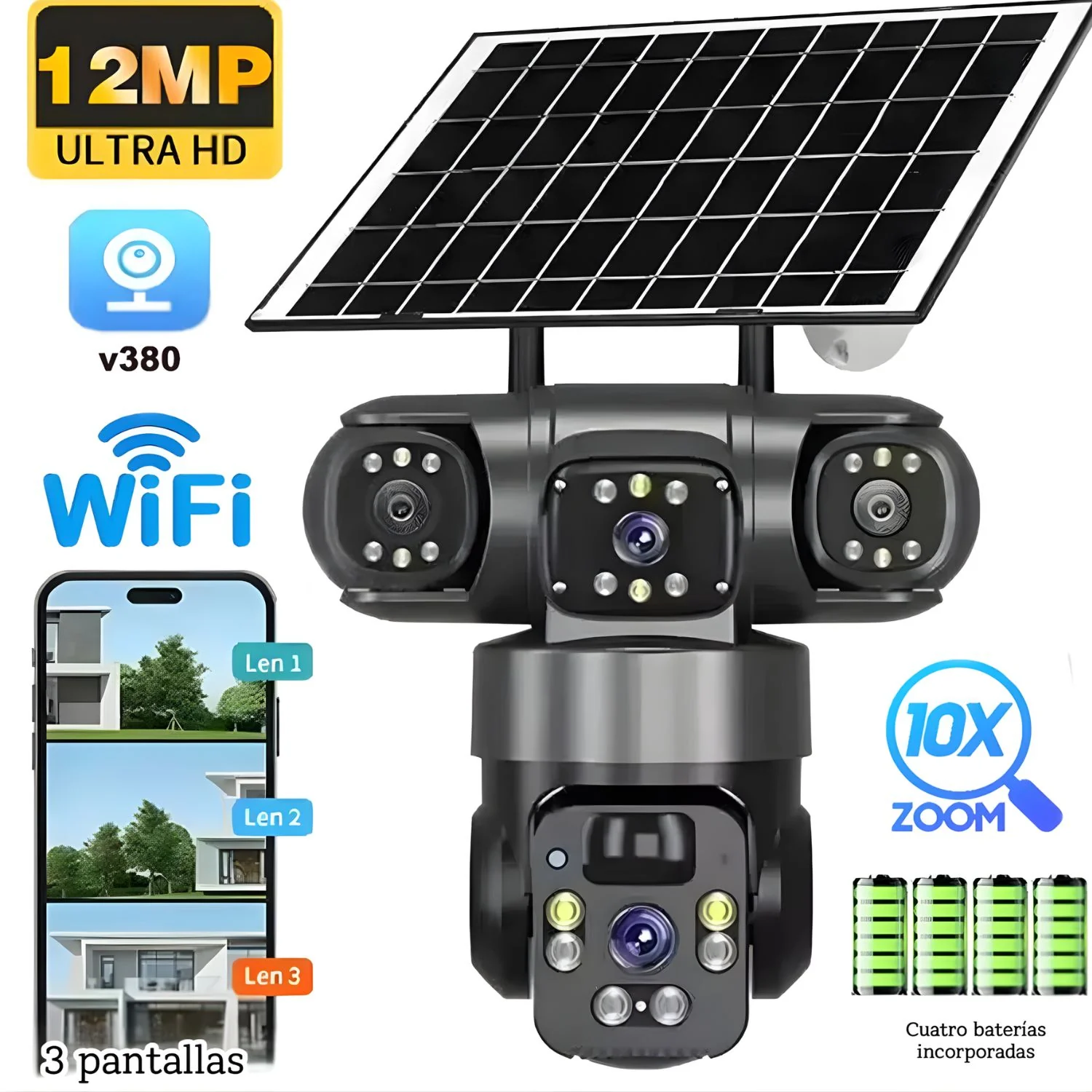 Cámara De Seguridad Solar Wifi. Triple Lente 12MP 2K IP66 PTZ 360°. Zoom 10X. Audio Bidireccional Con Detección Humana. - Image 3