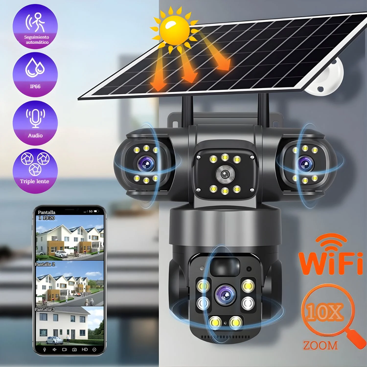 Cámara De Seguridad Solar Wifi. Triple Lente 12MP 2K IP66 PTZ 360°. Zoom 10X. Audio Bidireccional Con Detección Humana. - Image 4