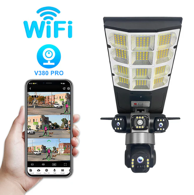 Cámara De Seguridad WIFI 360° V380 Pro. Reflector Lampara Solar LED Con Cámara Con Visión Nocturna. Lámpara De Videovigilancia Inteligente Con Detector De Movimiento.