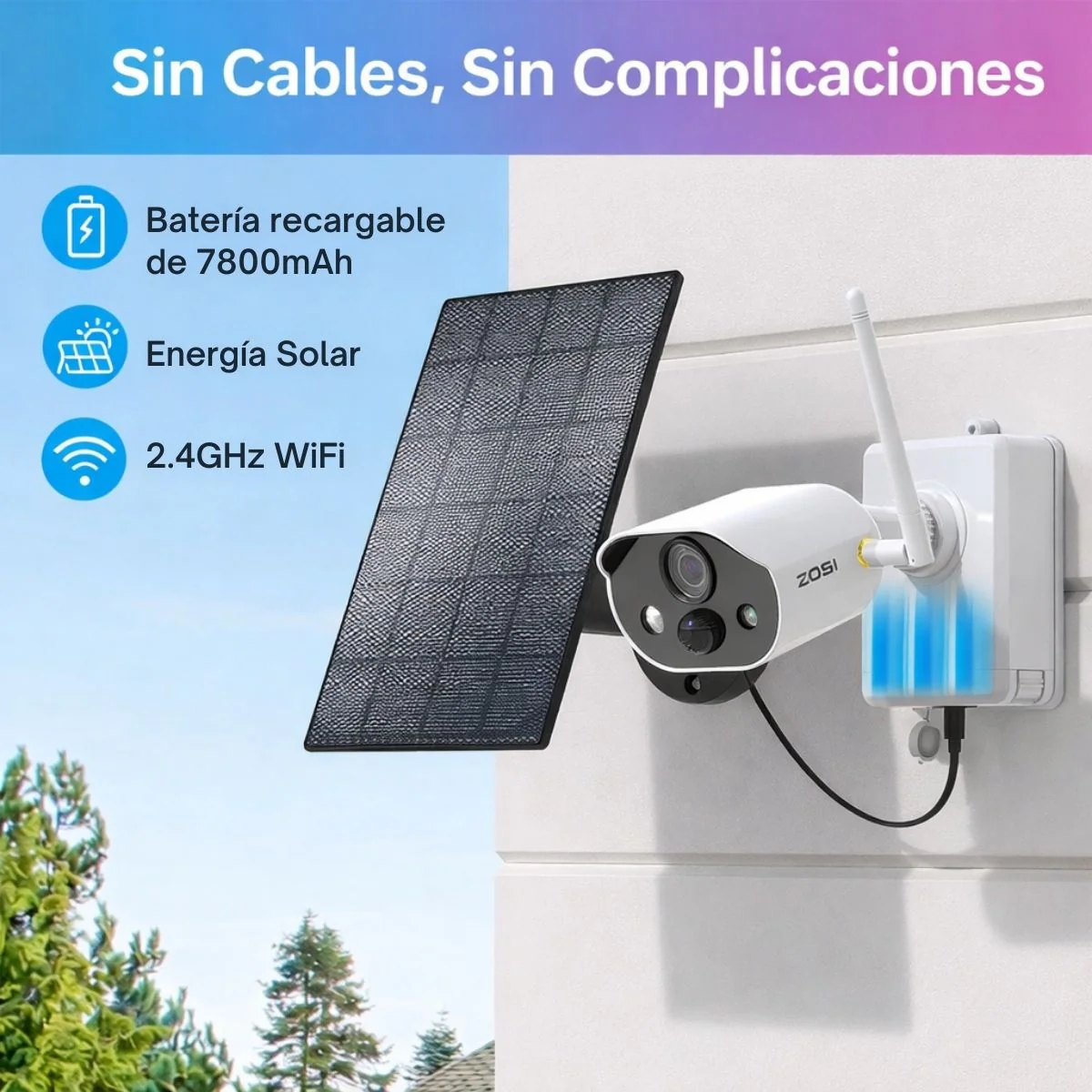 Cámara De Seguridad Wifi 3MP Con Panel Solar Y Batería Recargable 7800Mah. Cámara De Videovigilancia IP66 Con Visión Nocturna A Color 15M, Detección Humana PIR - Image 2