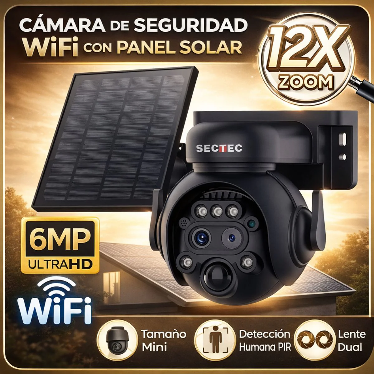 Cámara De Seguridad Wifi Con Panel Solar 6MP. Cámara De Videovigilancia Con Visión Nocturna Y Detección Humana. Zoom 12X