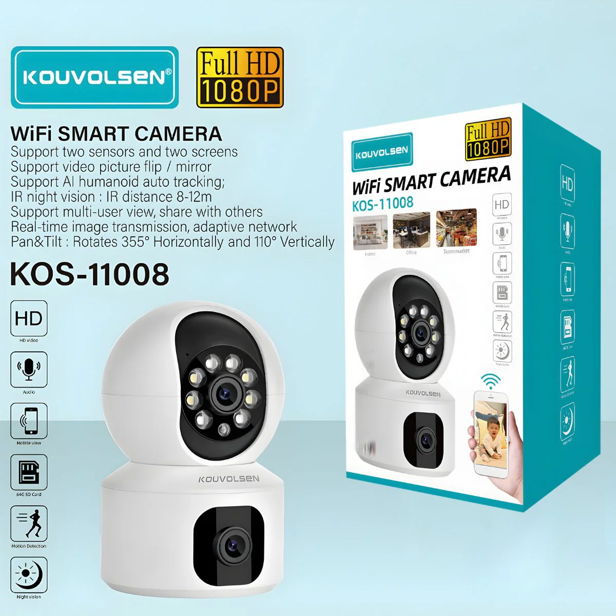 Cámara De Seguridad Wifi Doble Lente Full HD 1080P. Rotación 355°/110°. Seguimiento Automático Con IA. Visión Nocturna IR. Audio Bidireccional. Funciona Con APP V380