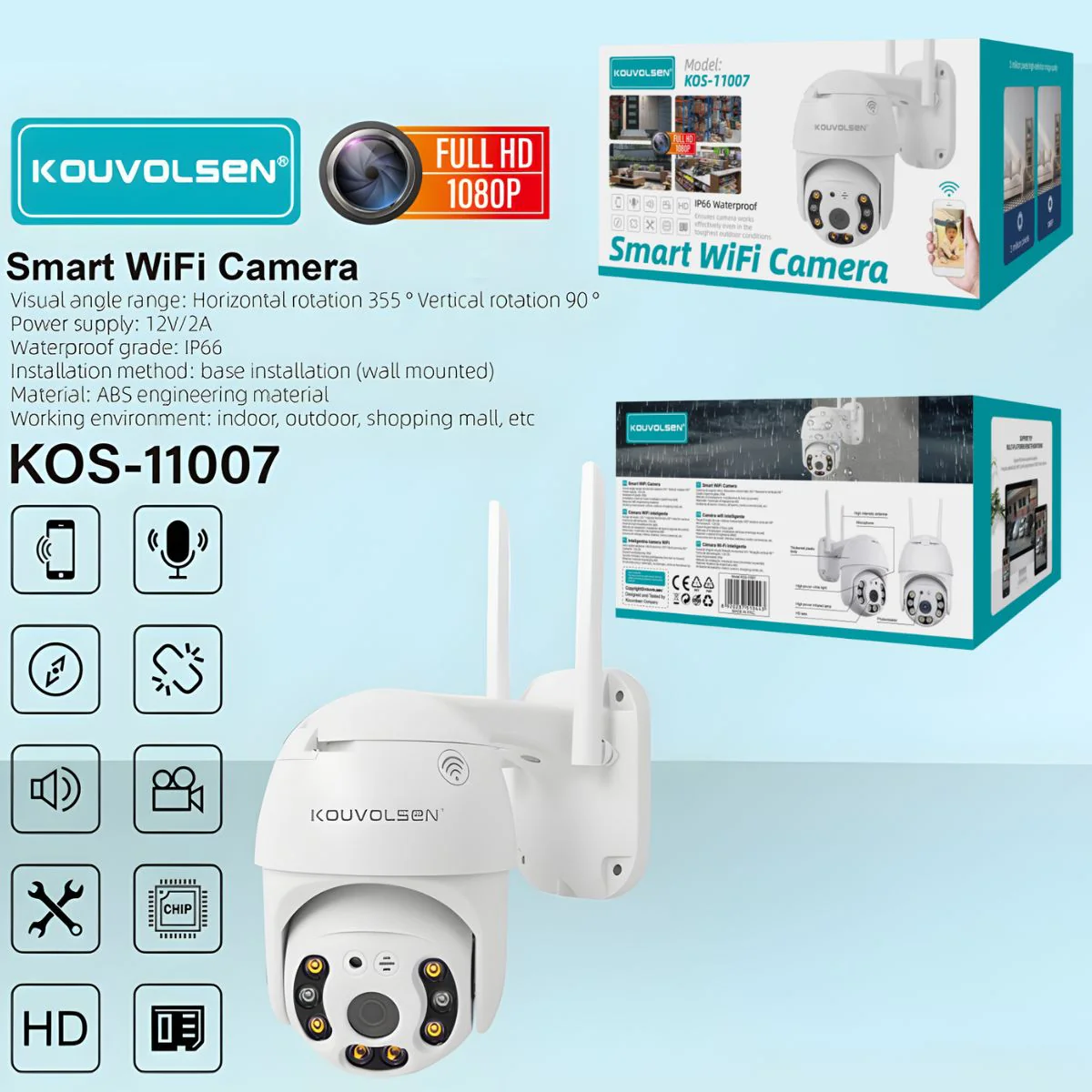 Cámara De Seguridad Wifi Exterior Full HD 1080P. Visión Nocturna. Rotación 355°/90°. IP66 Impermeable. Audio Bidireccional. Funciona Con APP V380