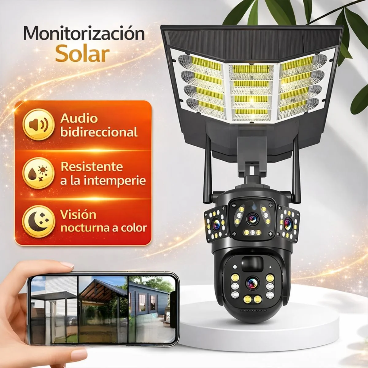 Cámara Wifi 360° Con Doble Lente FHD Con Panel Solar. Luz LED Y Detección Humana. Cámara De Seguridad.