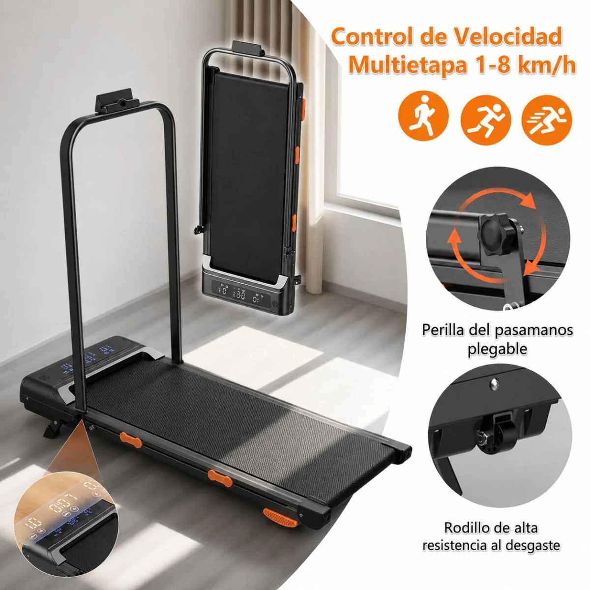 Caminadora Eléctrica Cinta De Correr Plegable Con Bluetooth 8KM, Motor 1.5HP. Con Velocidad 1-8Km/H Y Baranda Manual Negra (48X110x99cm) - Image 3