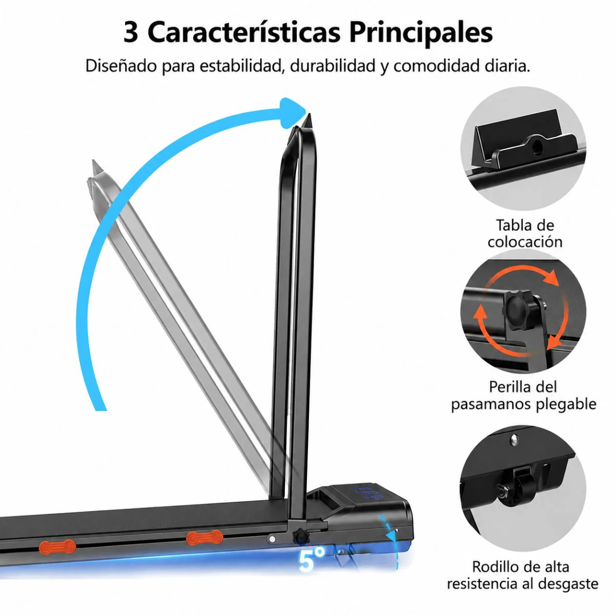 Caminadora Eléctrica Cinta De Correr Plegable Con Bluetooth 8KM, Motor 1.5HP. Con Velocidad 1-8Km/H Y Baranda Manual Negra (48X110x99cm) - Image 5
