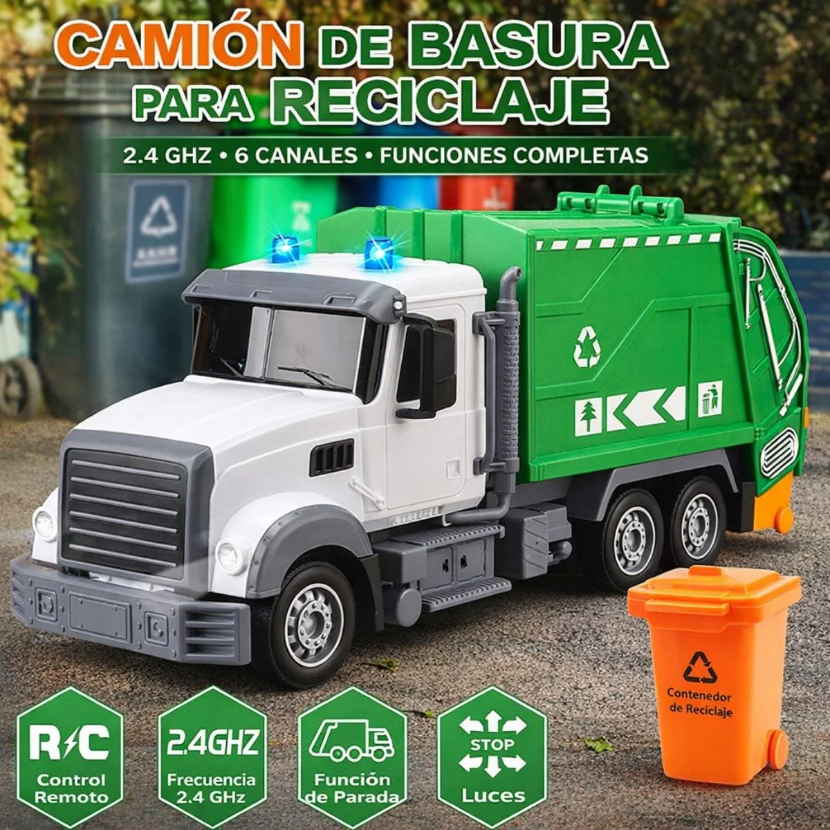 Camión De Basura De Juguete Con Control Remoto, Luces LED, Función Elevadora, Batería Recargable, 15.5X11x36cm  Camión Recoletor Para Niños. - Image 3