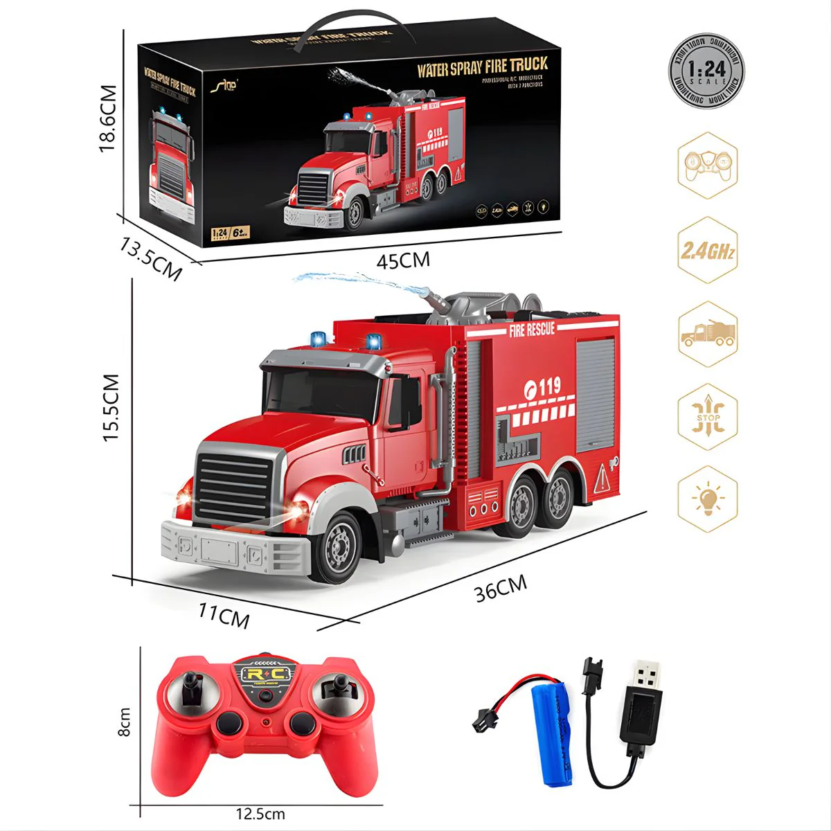 Camión De Bomberos Con Rociador De Agua, Luces LED, Control Remoto, Batería Recargable, 15.5X11x36cm Camión De Juguete Para Niños.