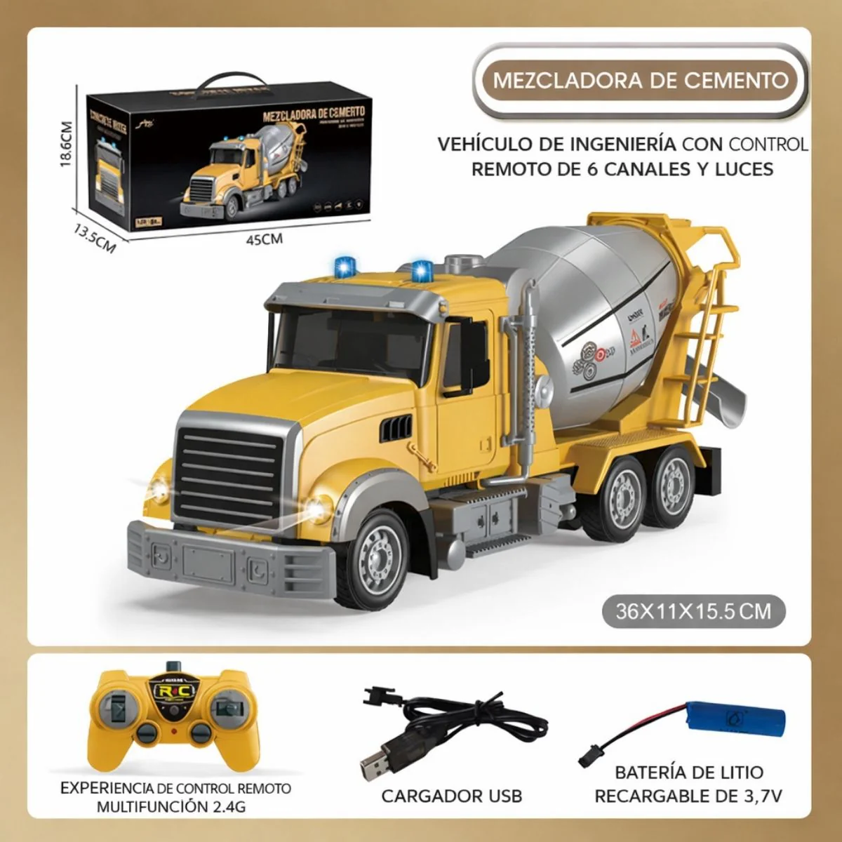 Camión Mezclador De Juguete A Control Remoto Con Luz, Tambor Rotativo 360°, Luz LED 15.5X11x36cm. Camión Concretero Para Niños.