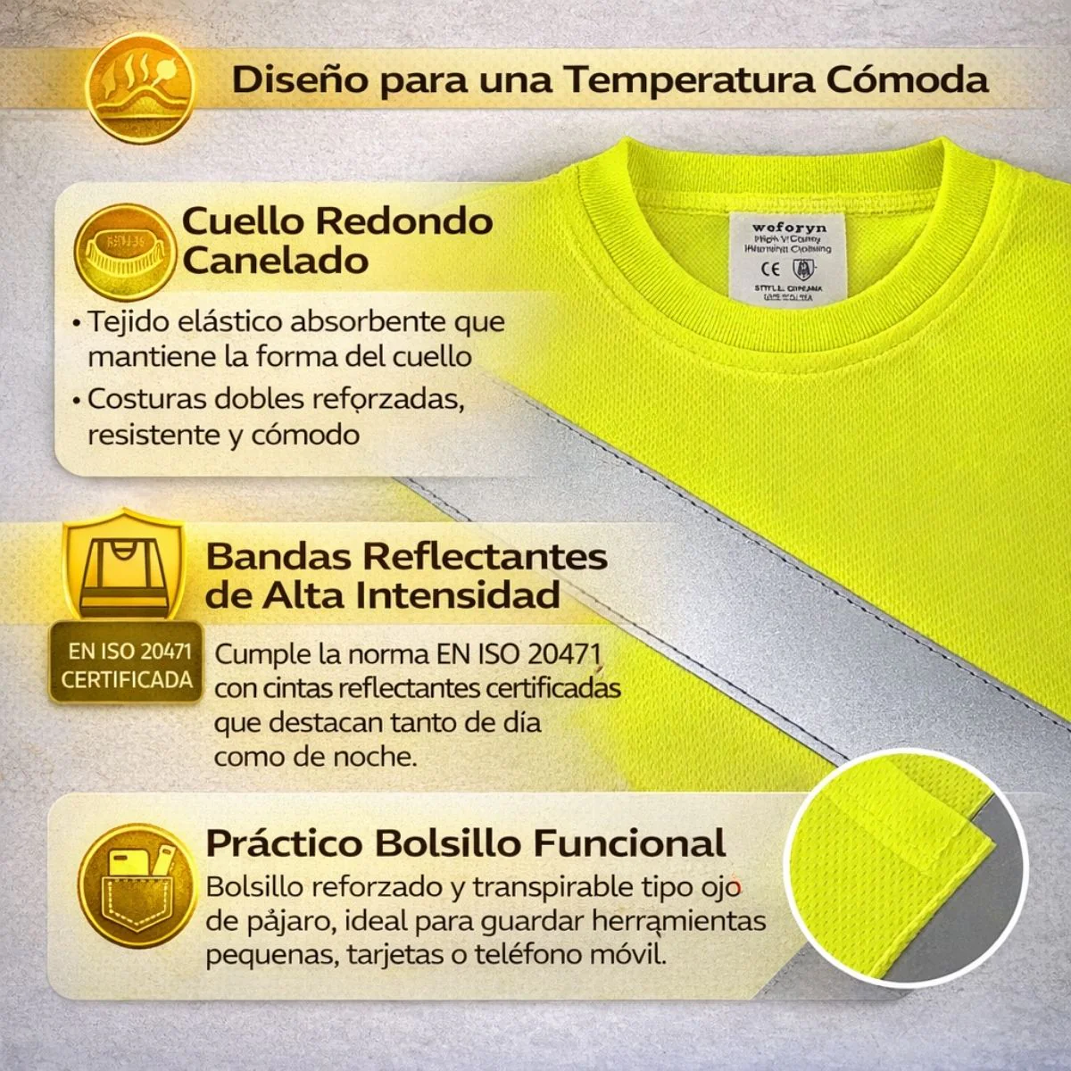 Camisetas Suéteres De Seguridad Alta Visibilidad Manga Larga Con Cintas Reflectivas 360° Certificación ANSI/CE Clase 3. Color Amarillo Y Negro. - Image 4