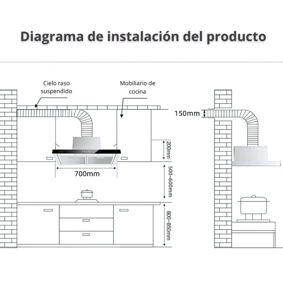 Campana Extractora Cocina Empotrable 27.5” (700Mm) Motor De Cobre Succión 22M³/Min, 390Pa, 110V, 60Hz. Extractor De Humo Y Grasa - Image 5