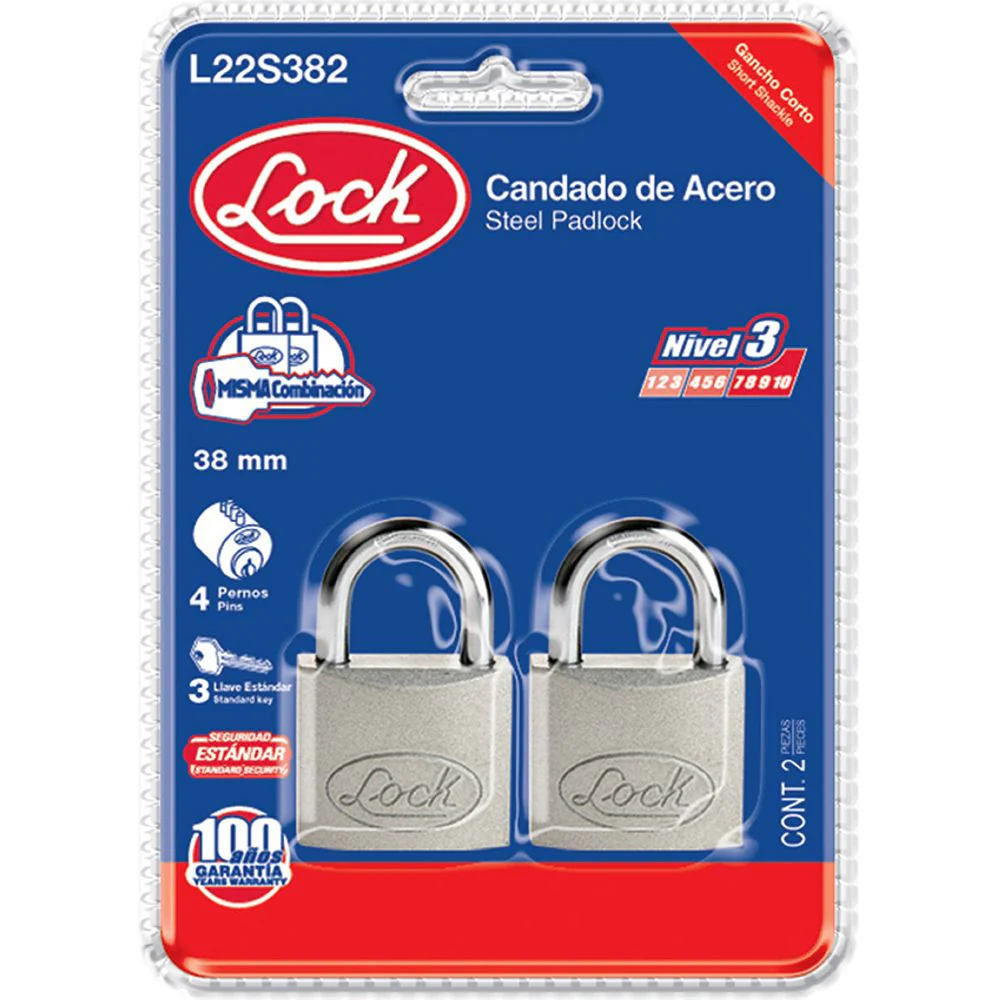 Candado Acero Corto Llave Estándar 2 Pzs Cromo Satinado Lock - Image 2