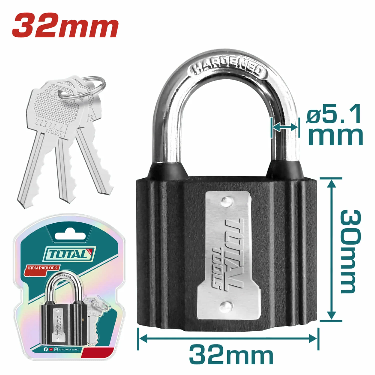 Candado Corto De Hierro 32Mm. Con Cubierta De Goma Impermeable. Incluye 3 Llaves.