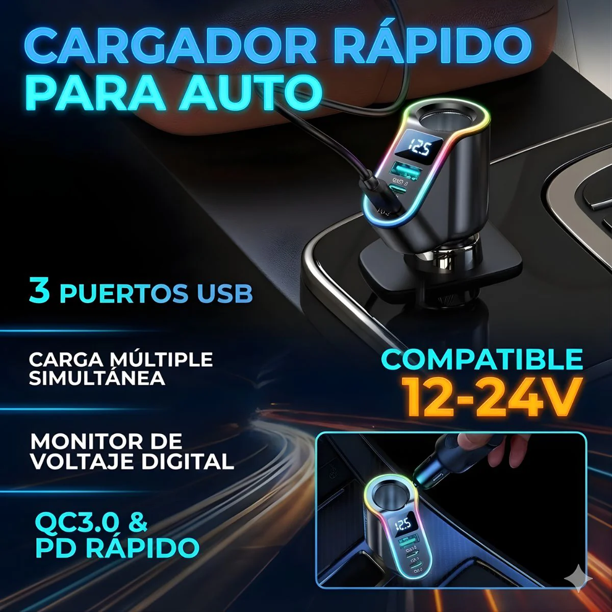 Cargador De Auto 150W Con 3 Puertos USB (QC 3.0 + PD). Adaptador De Carro Con Carga Rápida Para Múltiples Dispositivos. - Image 2
