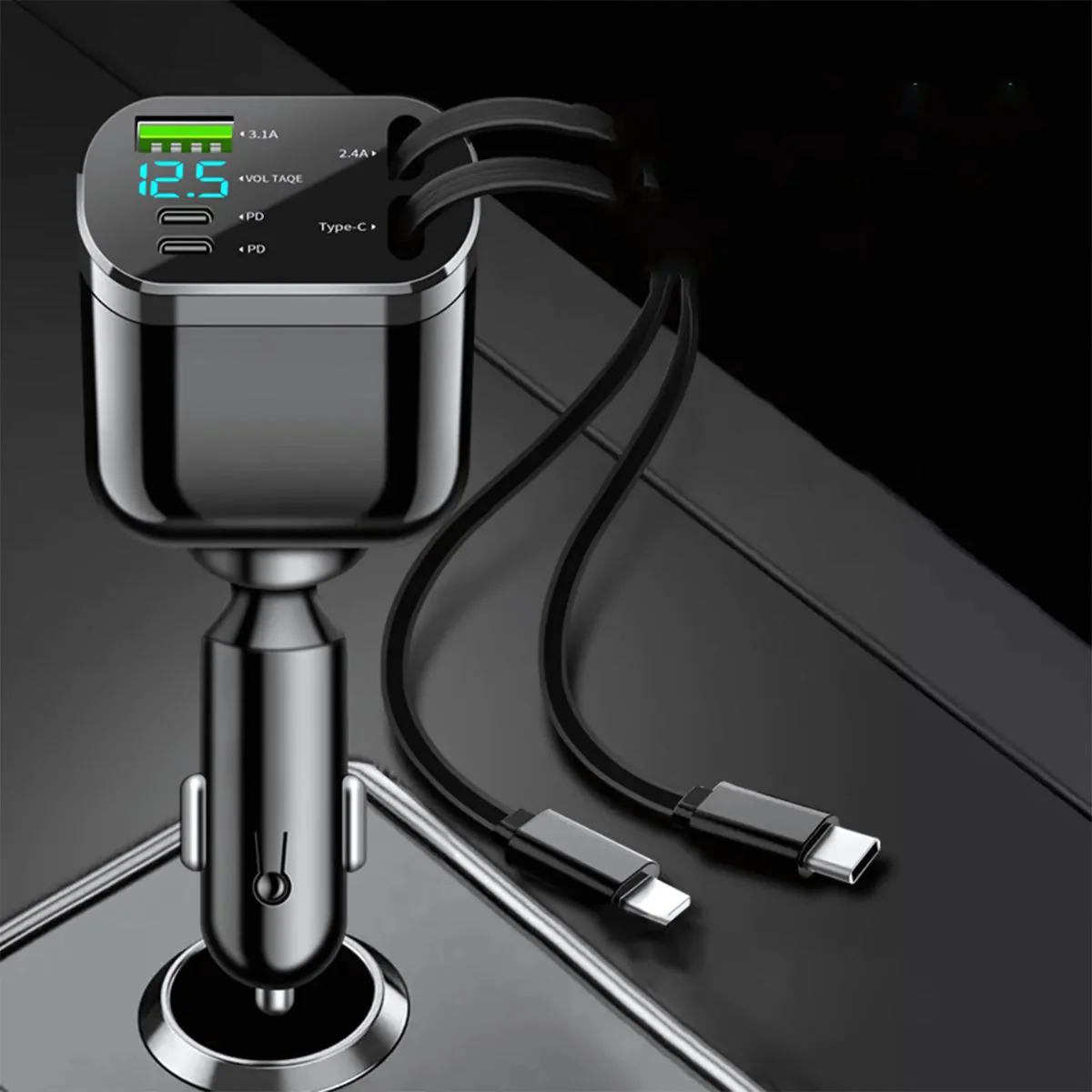 Cargador De Auto 5-En-1 Con USB 3.1 Y Tipo C . Carga Rápida Universal Para Celulares Y Otros Dispositivos. Cargador De Carro Para Celular. Cable 100W