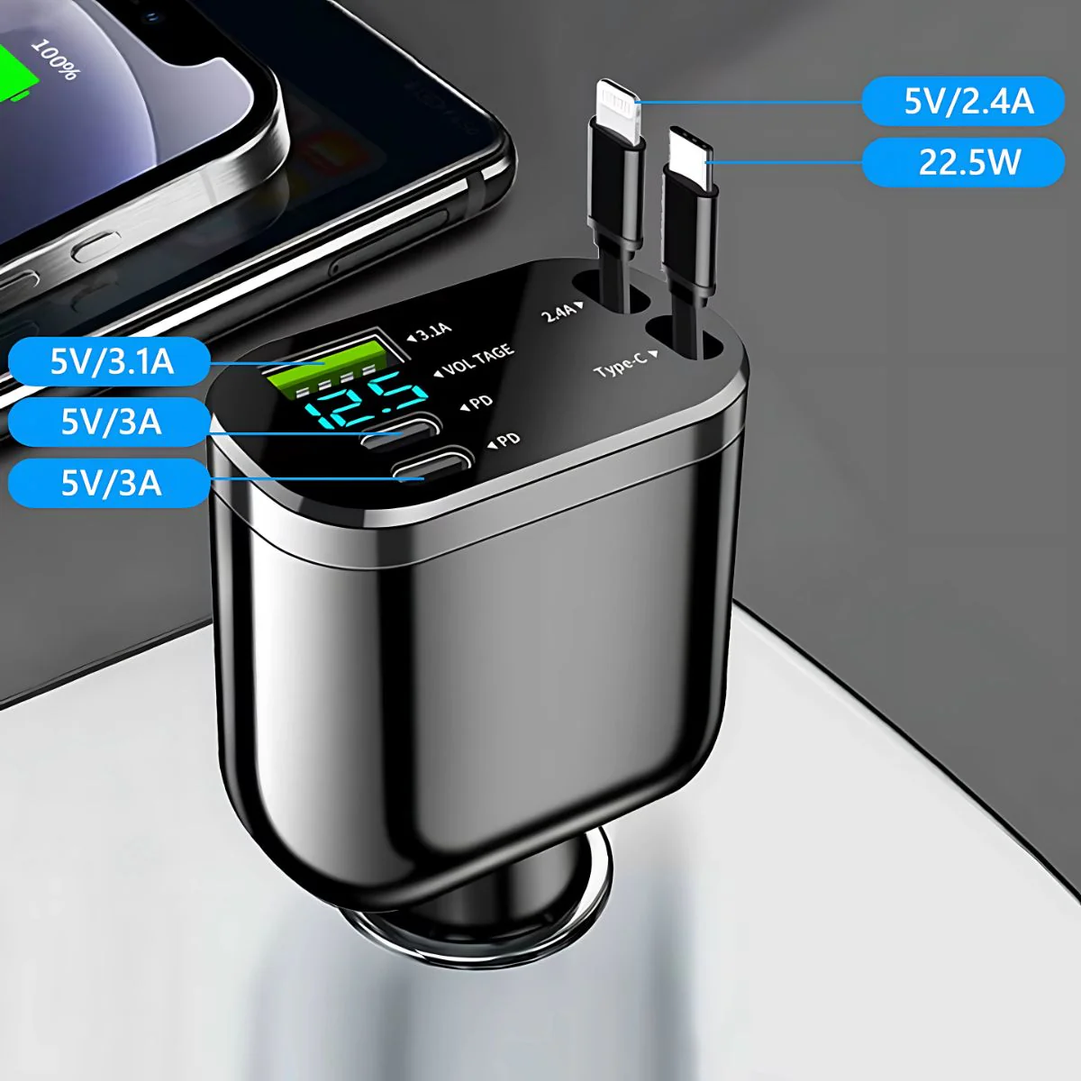 Cargador De Auto 5-En-1 Con USB 3.1 Y Tipo C . Carga Rápida Universal Para Celulares Y Otros Dispositivos. Cargador De Carro Para Celular. Cable 100W - Image 2