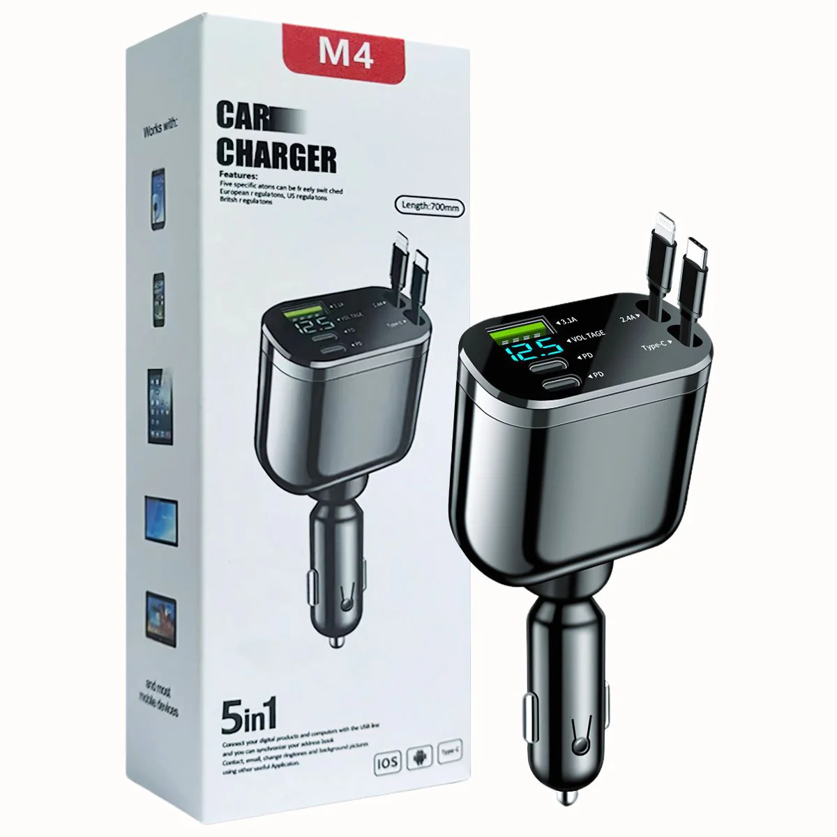 Cargador De Auto 5-En-1 Con USB 3.1 Y Tipo C . Carga Rápida Universal Para Celulares Y Otros Dispositivos. Cargador De Carro Para Celular. Cable 100W - Image 6