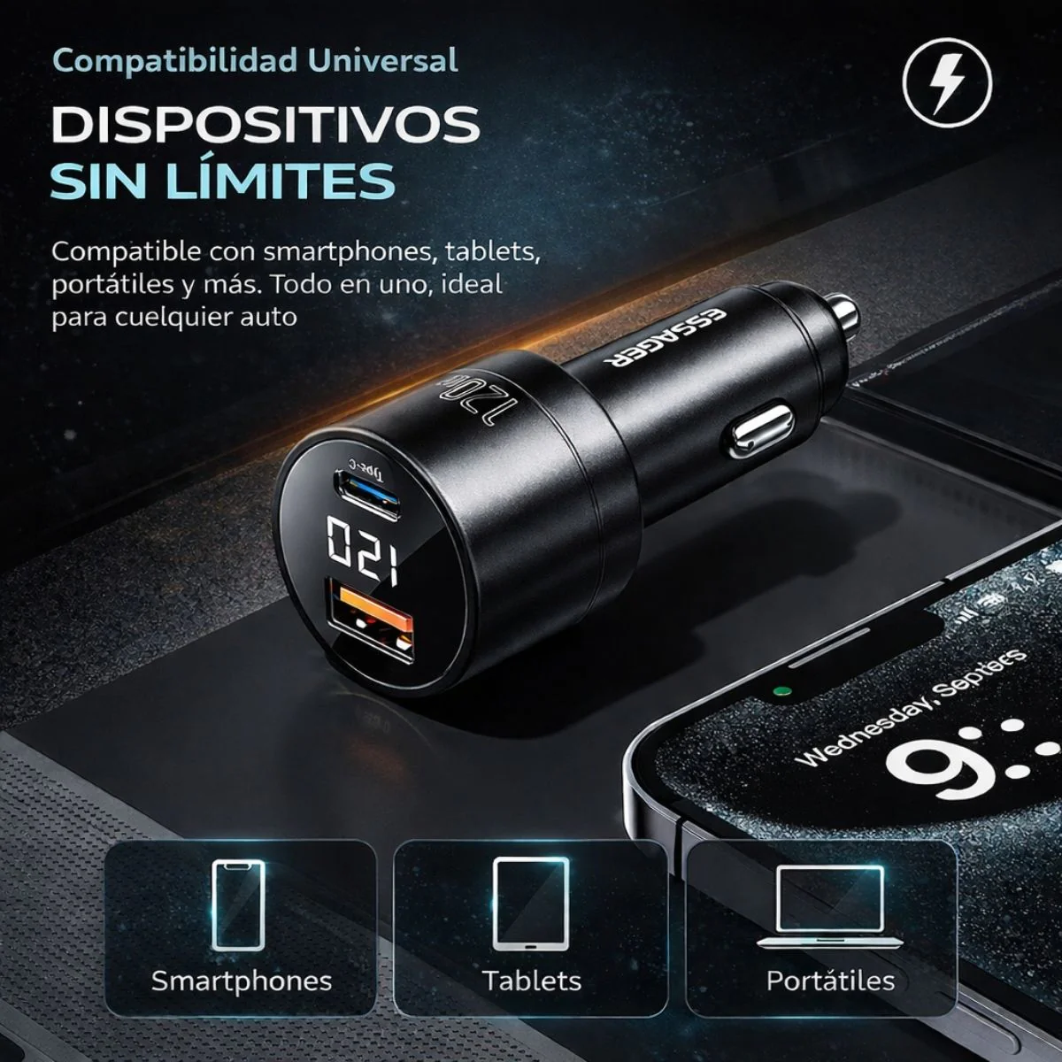 Cargador De Auto De 120W Con Puerto USB-A Y USB-C Carga Rápida Con Pantalla Digital 12V-24V Para Telefonos, Tablets, Laptop. - Image 2