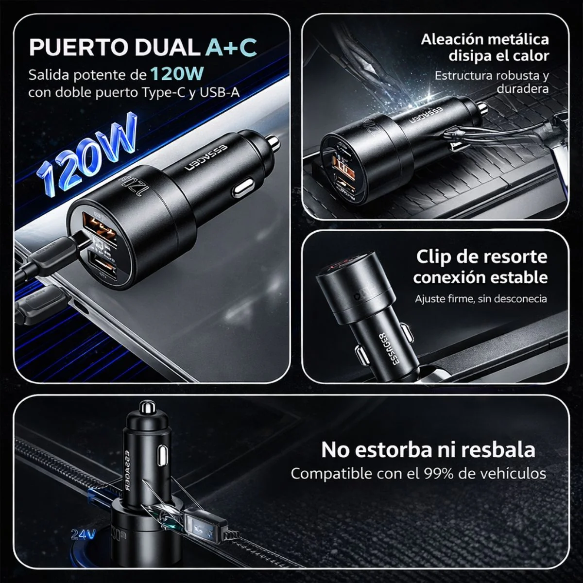 Cargador De Auto De 120W Con Puerto USB-A Y USB-C Carga Rápida Con Pantalla Digital 12V-24V Para Telefonos, Tablets, Laptop. - Image 3