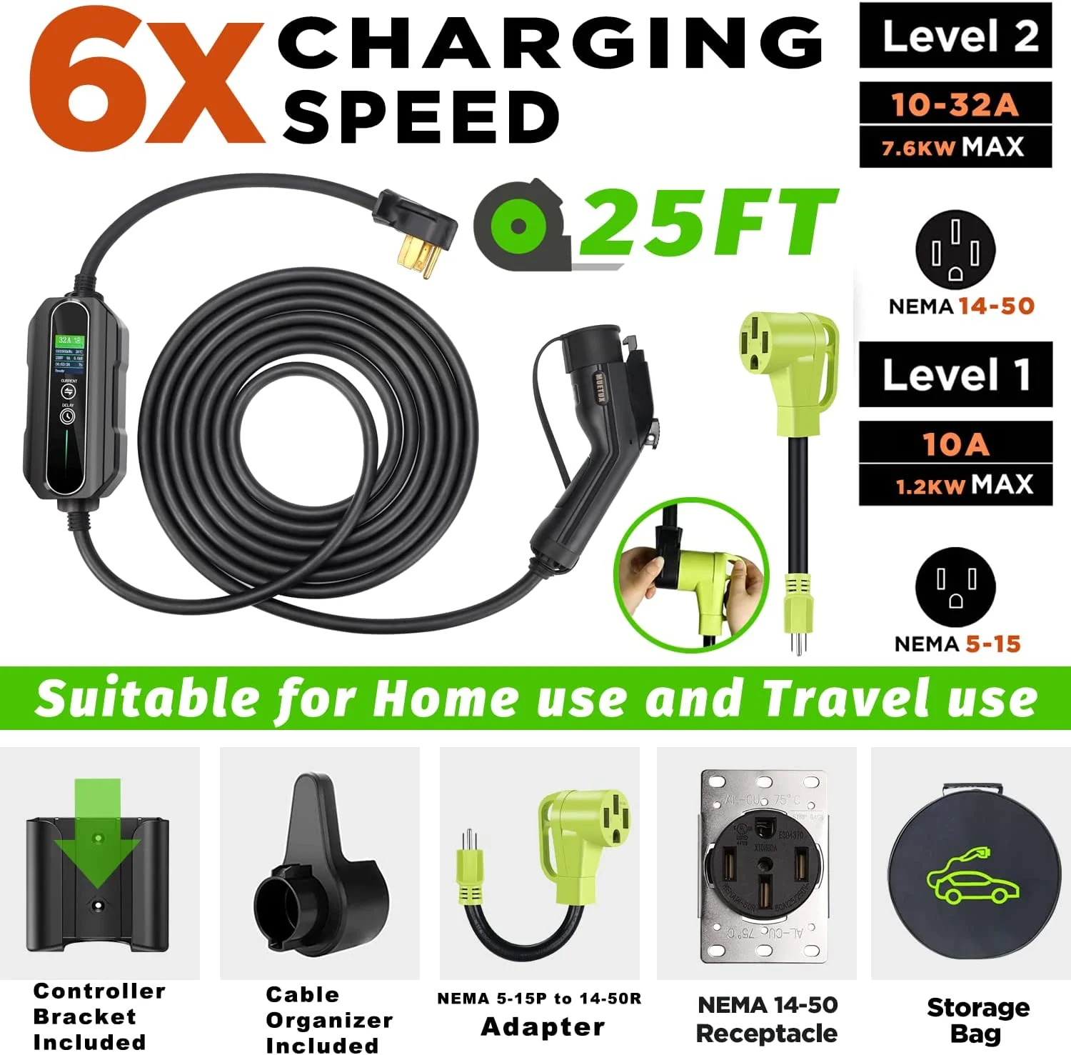 Cargador Carros Electricos EV Nivel 2 Y 1, 10-32 Amp, 110V-240V, De 25 Pies (Tipo 1- J1772) - Image 3