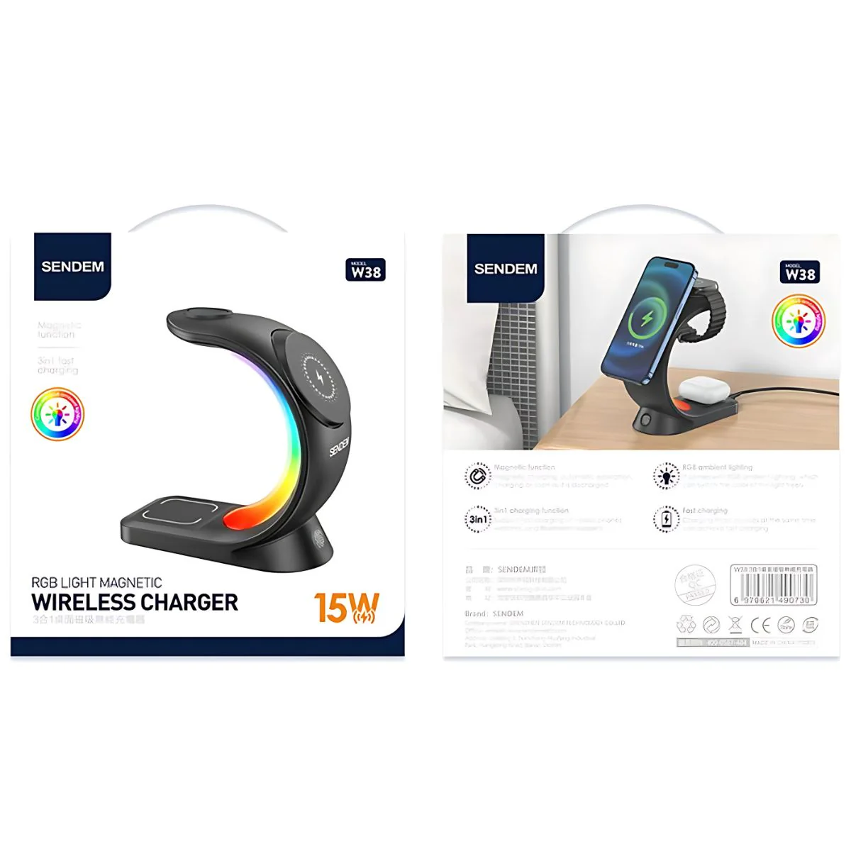 Cargador Inalámbrico 3 En 1 Con Carga Magnética Y Luz RGB. 15W Para Celular, Reloj Y Audífonos. Base De Carga Inalámbrica Compatible Con Apple. - Image 4