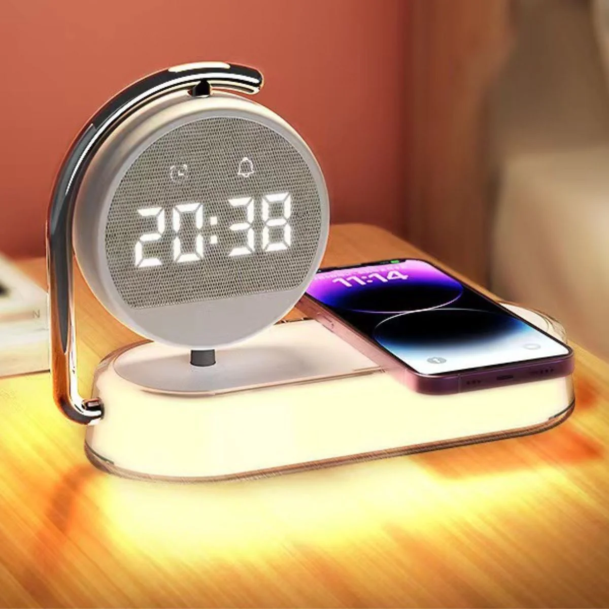 Cargador Inalámbrico Con Reloj Despertador Digital 15W Soporte De Carga Para Teléfono Con Luz De Noche Y Reloj Integrado.