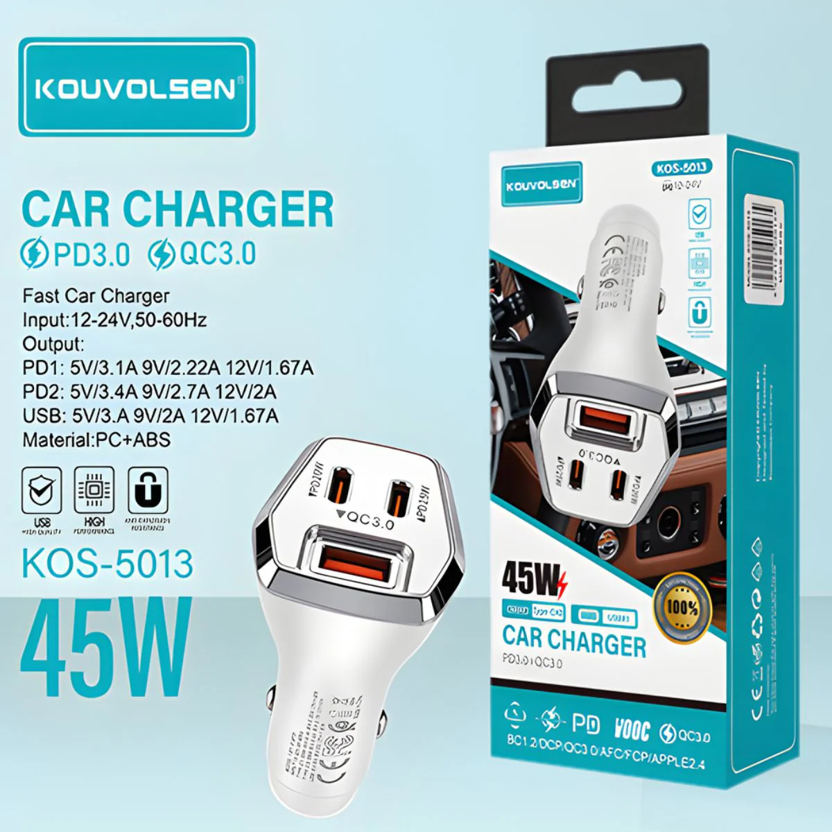 Cargador Para Auto 45W Con Doble USB-C Y Puerto USB 3.0. Adaptador De Carro Con Carga Rápida Para Múltiples Dispositivos. - Image 2