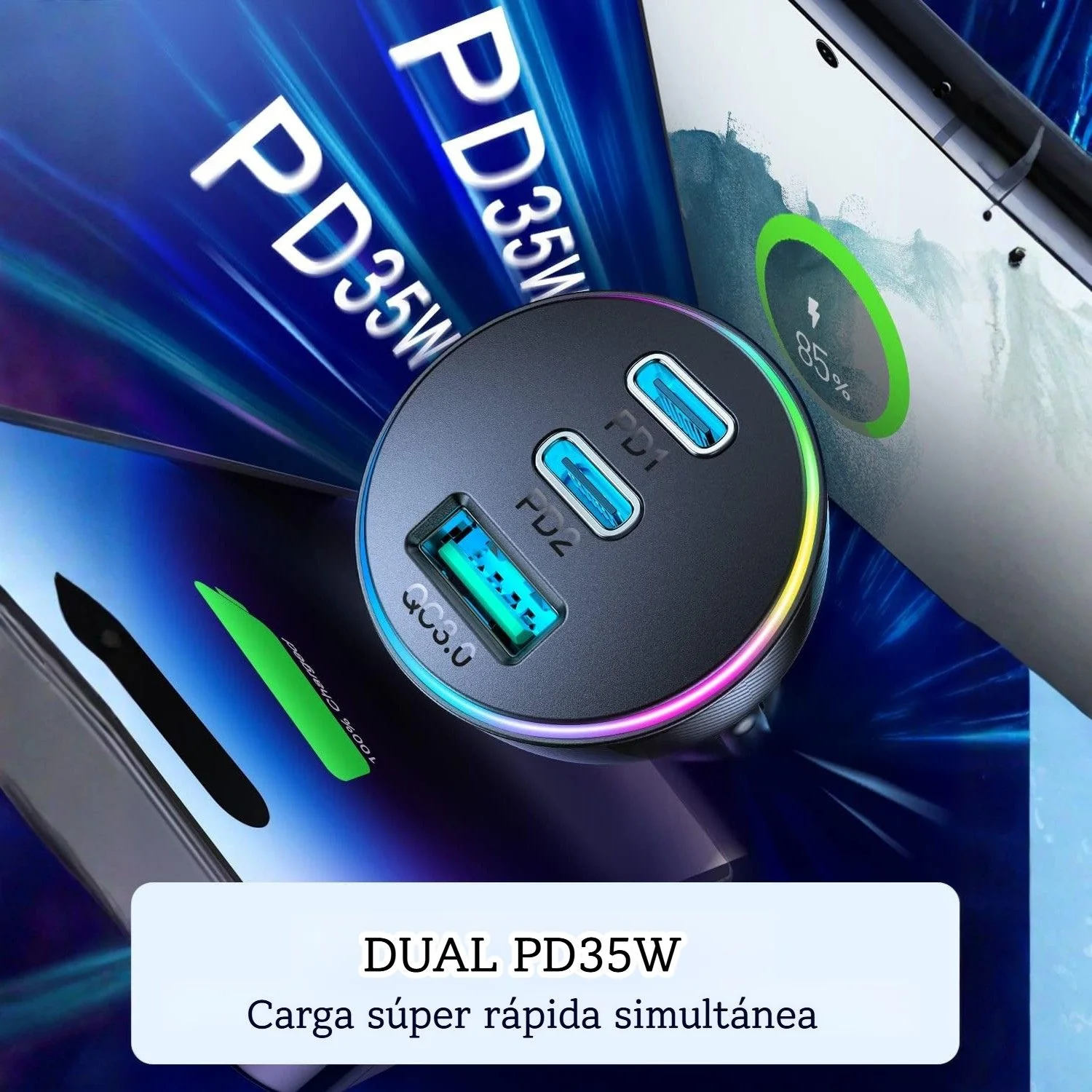 Cargador Para Auto 70W Dual USB-C PD 35W Y USB QC3.0 Carga Rápida. Color Negro. Adaptador De Carro. - Image 4
