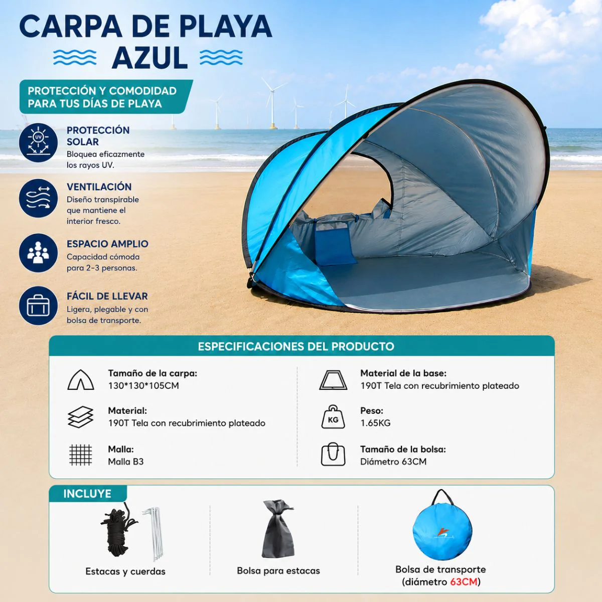 Carpa Playera Pop Up Automática Con Tapete Antihumedad, Ventana Lateral Y Protección UV40+. Azul. Tolda Color Azul (130X130x105cm) - Image 2