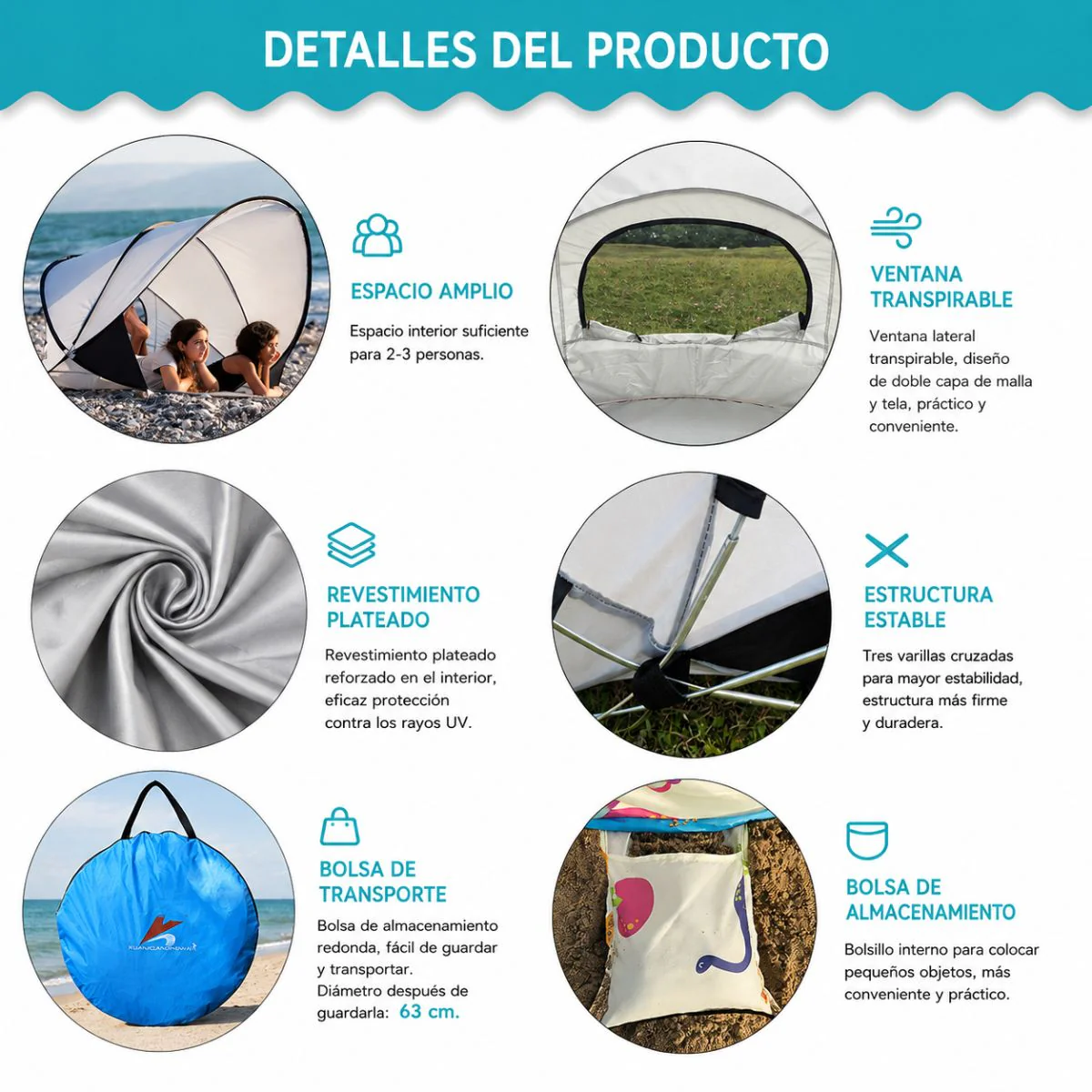 Carpa Playera Pop Up Automática Con Tapete Antihumedad, Ventana Lateral Y Protección UV40+. Azul. Tolda Color Azul (130X130x105cm) - Image 3