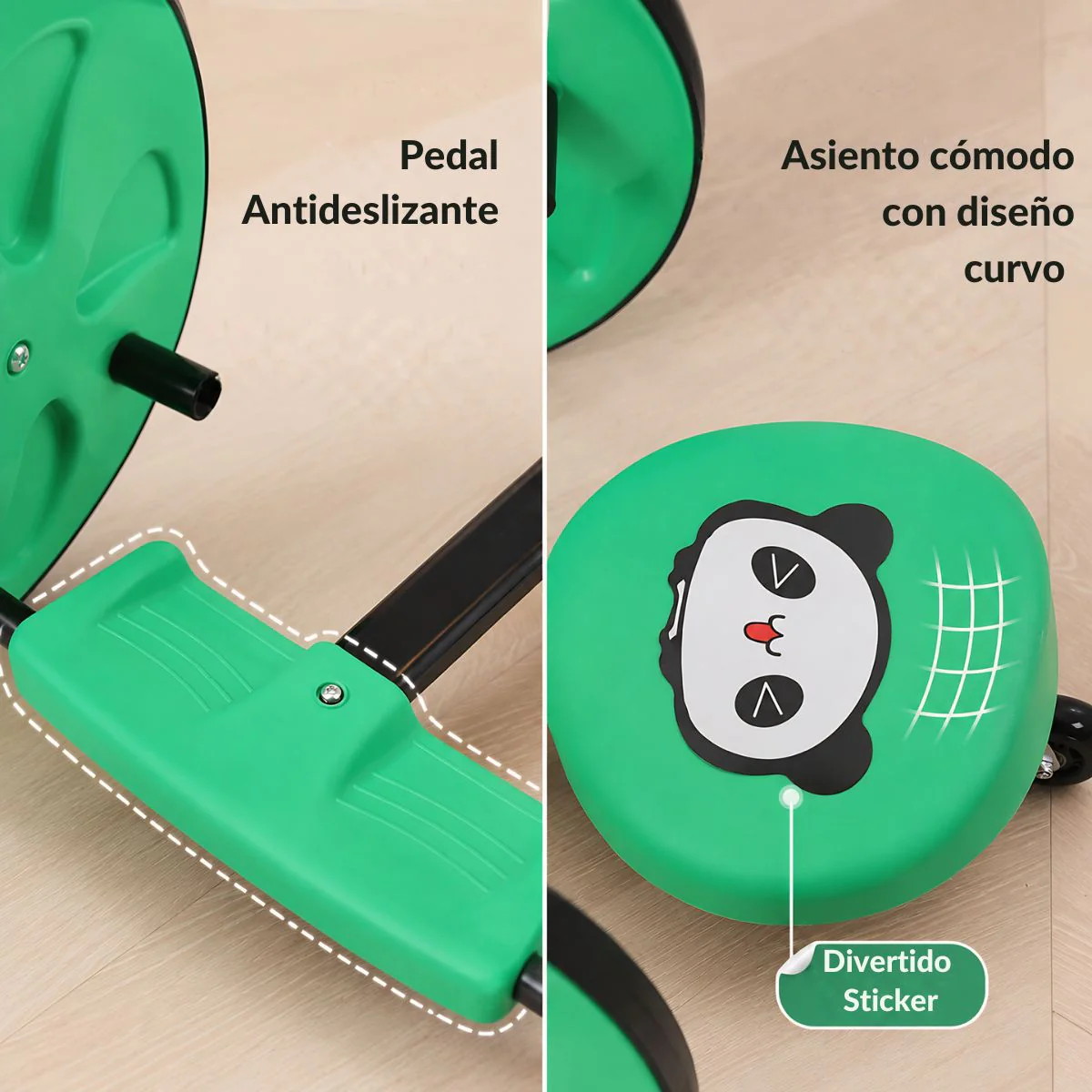 Carrito Giratorio Infantil 360° Para Niños Con 3 Ruedas. Balance Bike Sin Pedales Con Asiento Abdominal Ergonómico Y Base Antideslizante. Scooter Color Verde (72X57x38cm) - Image 4
