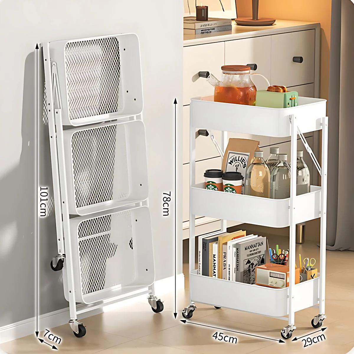Carrito Organizador Con Ruedas. Carrito Para Almacenamiento Plegable Blanco. Tres Niveles. Estante Organizador Cocina