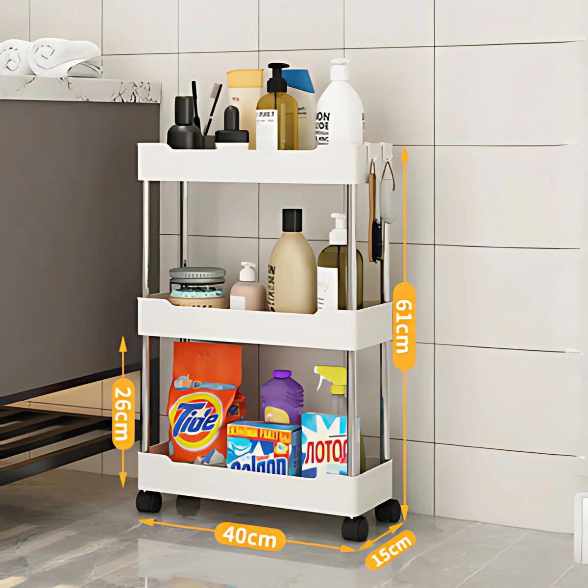 Carrito Organizador De 3 Niveles. Color Blanco 40X15x61cm. Anaquel Multiusos De Almacenaje Con Ruedas.