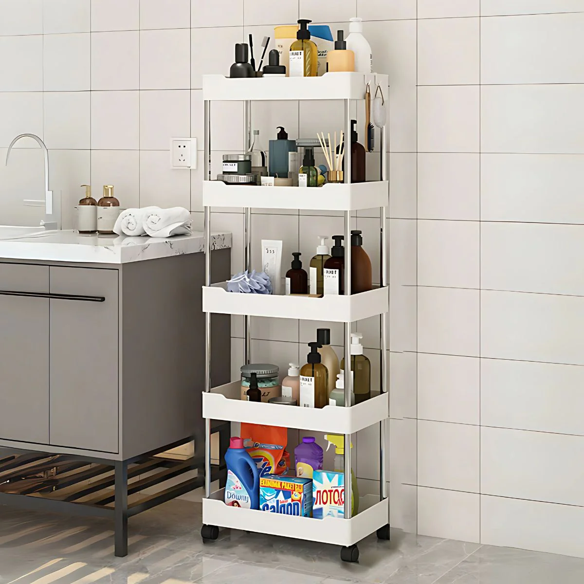 Carrito Organizador De 5 Niveles. Color Blanco 40X22x113cm. Anaquel Multiusos De Almacenaje Con Ruedas.