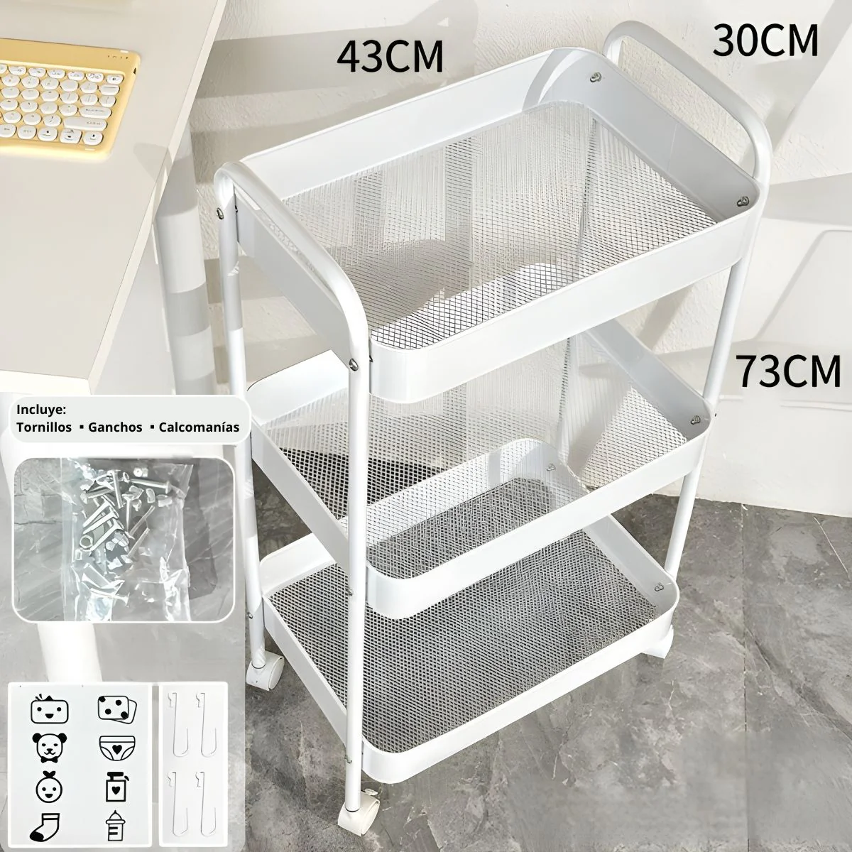 Carrito Organizador Metálico De 3 Niveles 17X12x 28” (43X30x73cm) Carrito Auxiliar Multifuncional Para Hogar, Oficina, Cocina Y Baño. Color Blanco