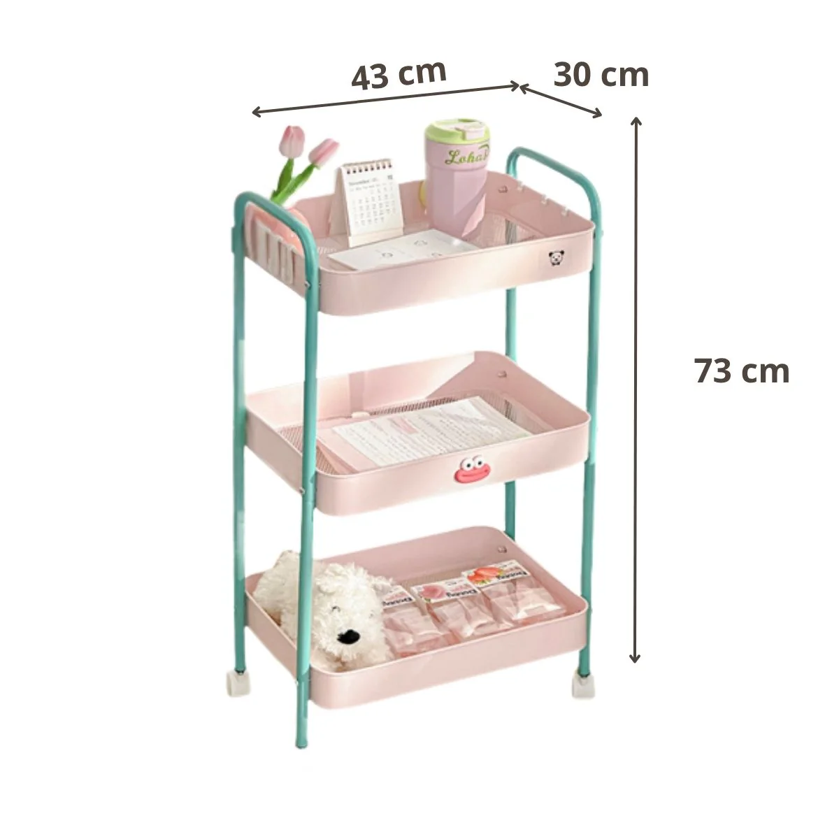 Carrito Organizador Metálico De 3 Niveles 17X12x 28” (43X30x73cm) Carrito Auxiliar Multifuncional Para Hogar, Oficina, Cocina Y Baño. Color Rosa Y Celeste - Image 2