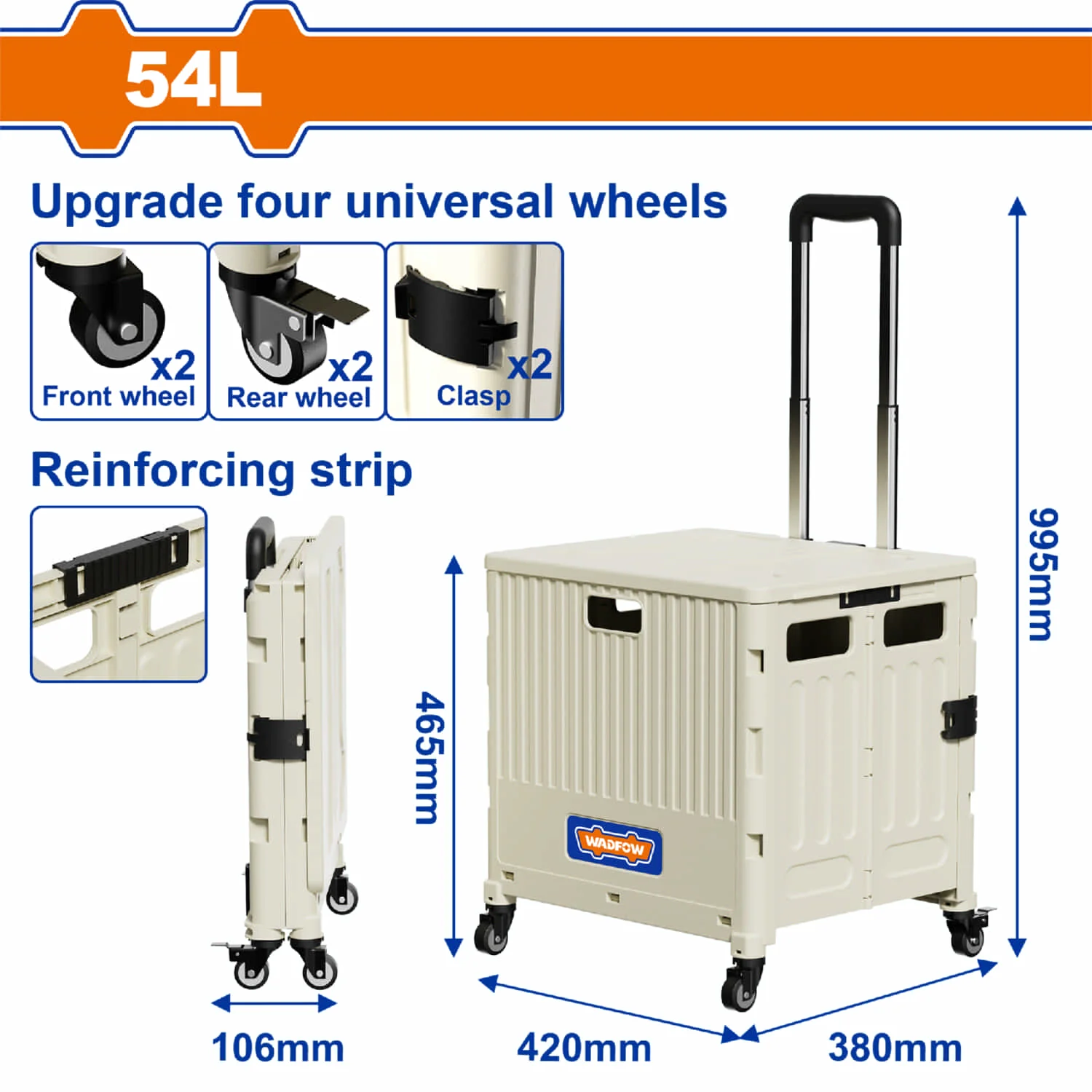 Carrito Plegable De Compras 54L Con 4 Ruedas Giratorias Plástico 42X38x99.5Cm Plegado 42X10.6X46.5Cm Color Beige. Carrito Todo Terreno.