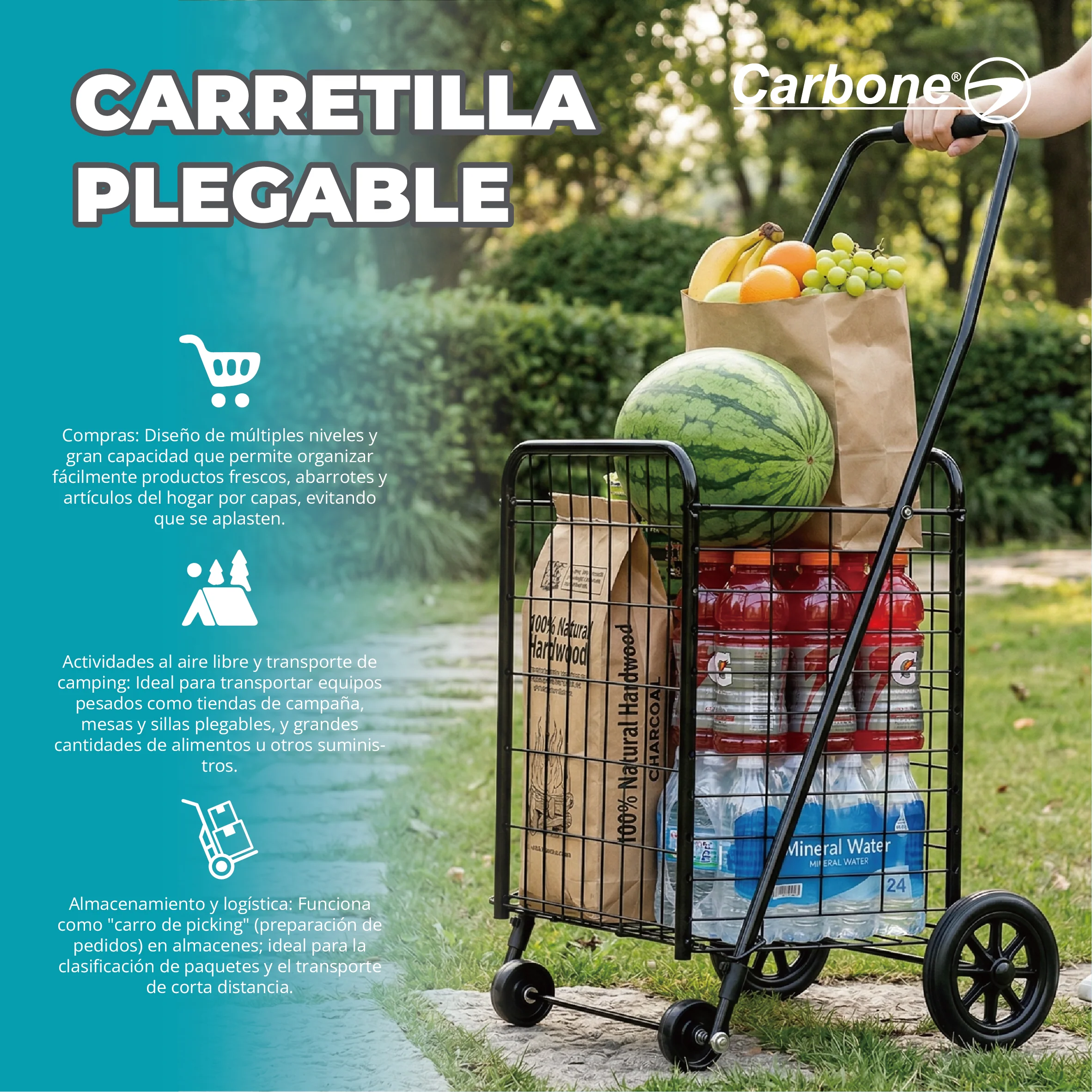 Carrito Plegable De Compras Con Ruedas Grandes Y Canasta Reforzada 71L Carretilla Multiusos. Trolley