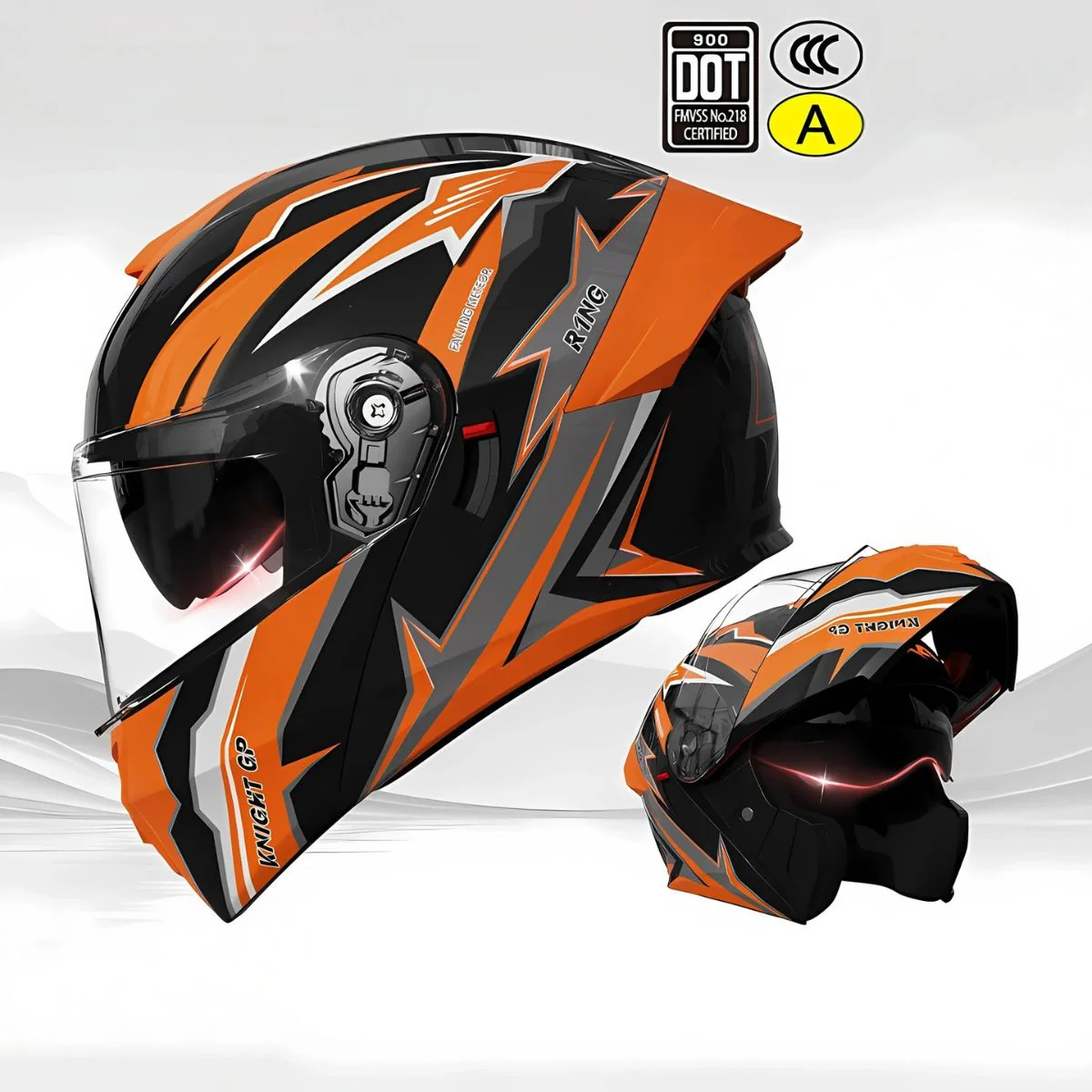Casco Modular Para Motocicletas. Color Anaranjado Con Visor Transparente, Certificación DOT/3C. Talla Universal. Unisex.