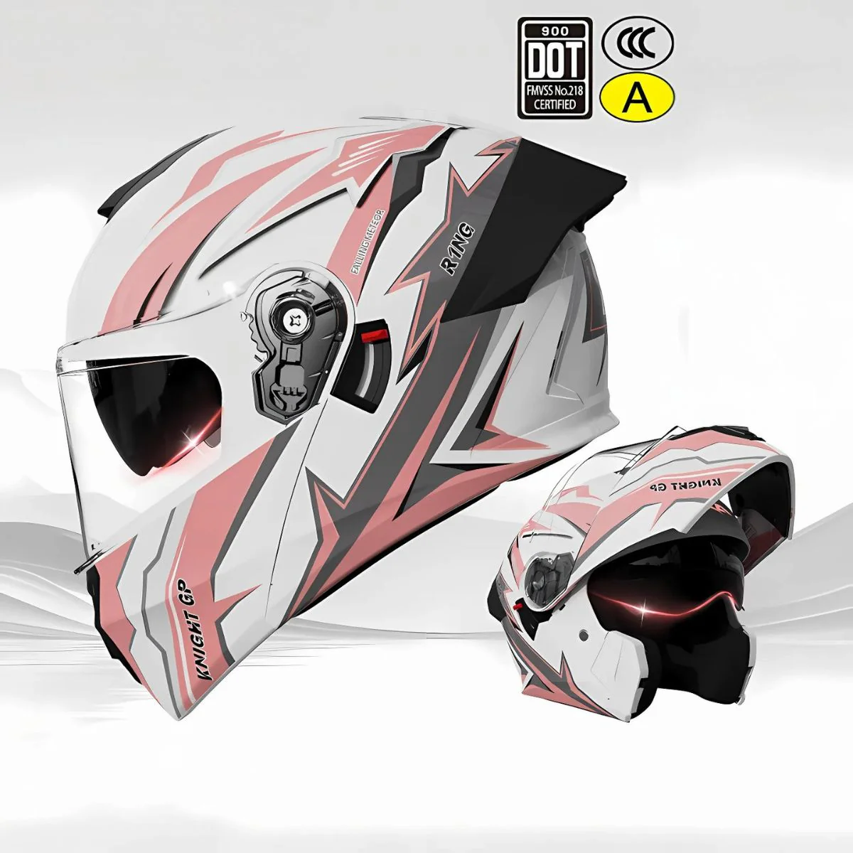 Casco Modular Para Motocicletas. Color Blanco Y Rosado Con Visor Transparente, Certificación DOT/3C. Talla Universal. Unisex.