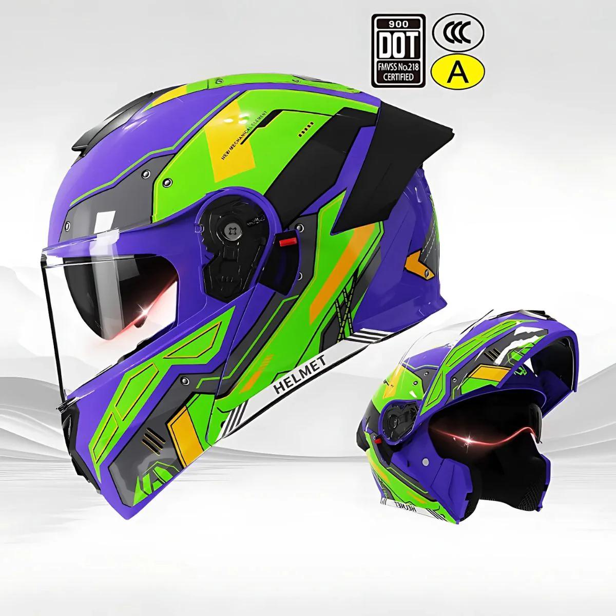 Casco Modular Para Motocicletas. Color Morado Y Verde Con Visor Transparente, Certificación DOT/3C. Talla Universal. Unisex.