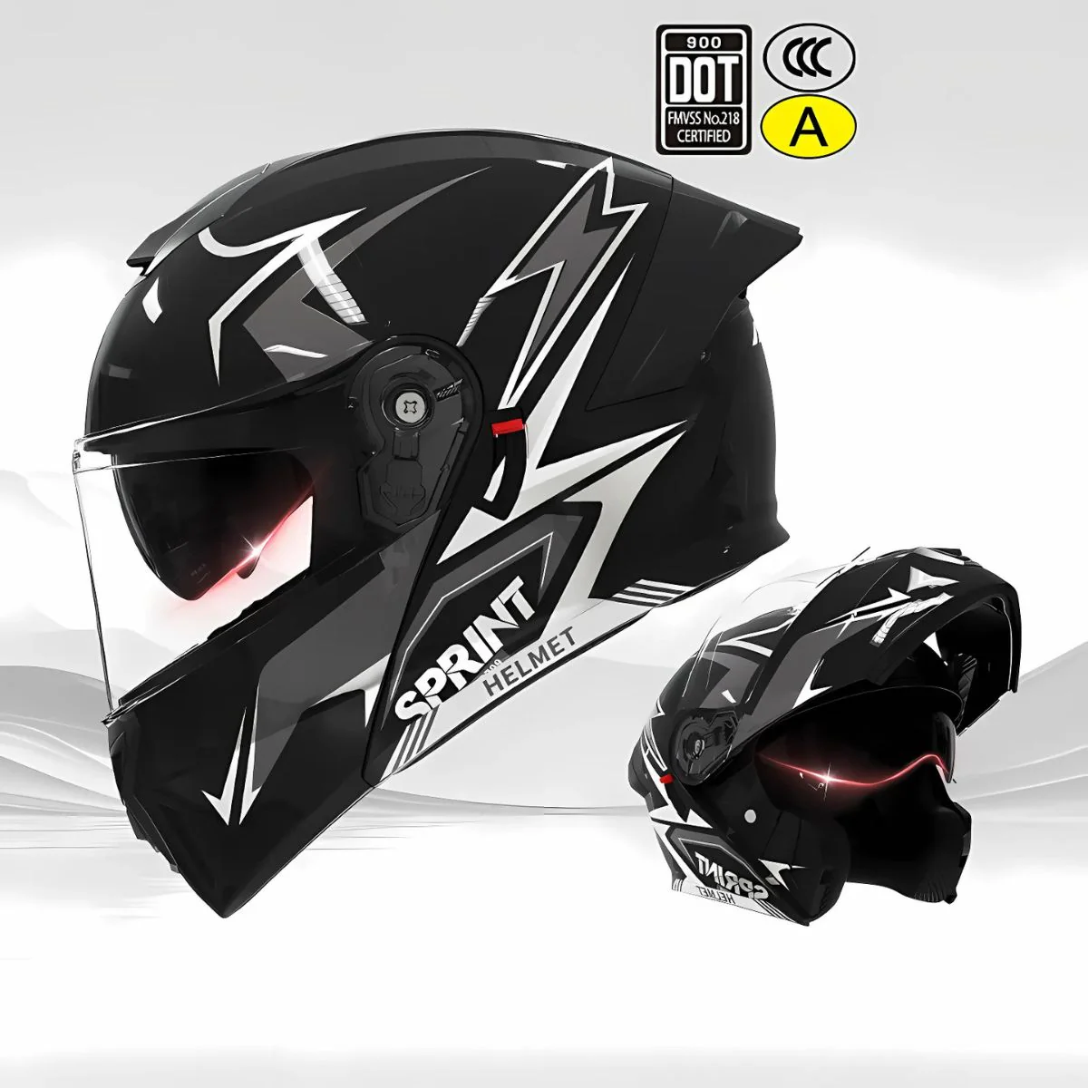 Casco Modular Para Motocicletas. Color Negro Y Blanco Con Visor Transparente, Certificación DOT/3C. Talla Universal. Unisex.