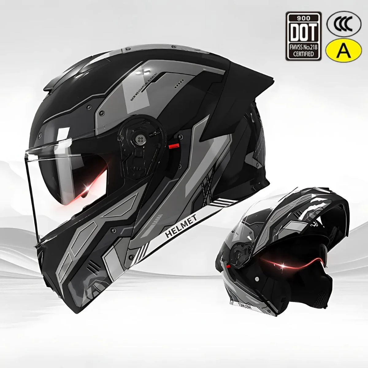 Casco Modular Para Motocicletas. Color Negro Y Gris Con Visor Transparente, Certificación DOT/3C. Talla Universal. Unisex.