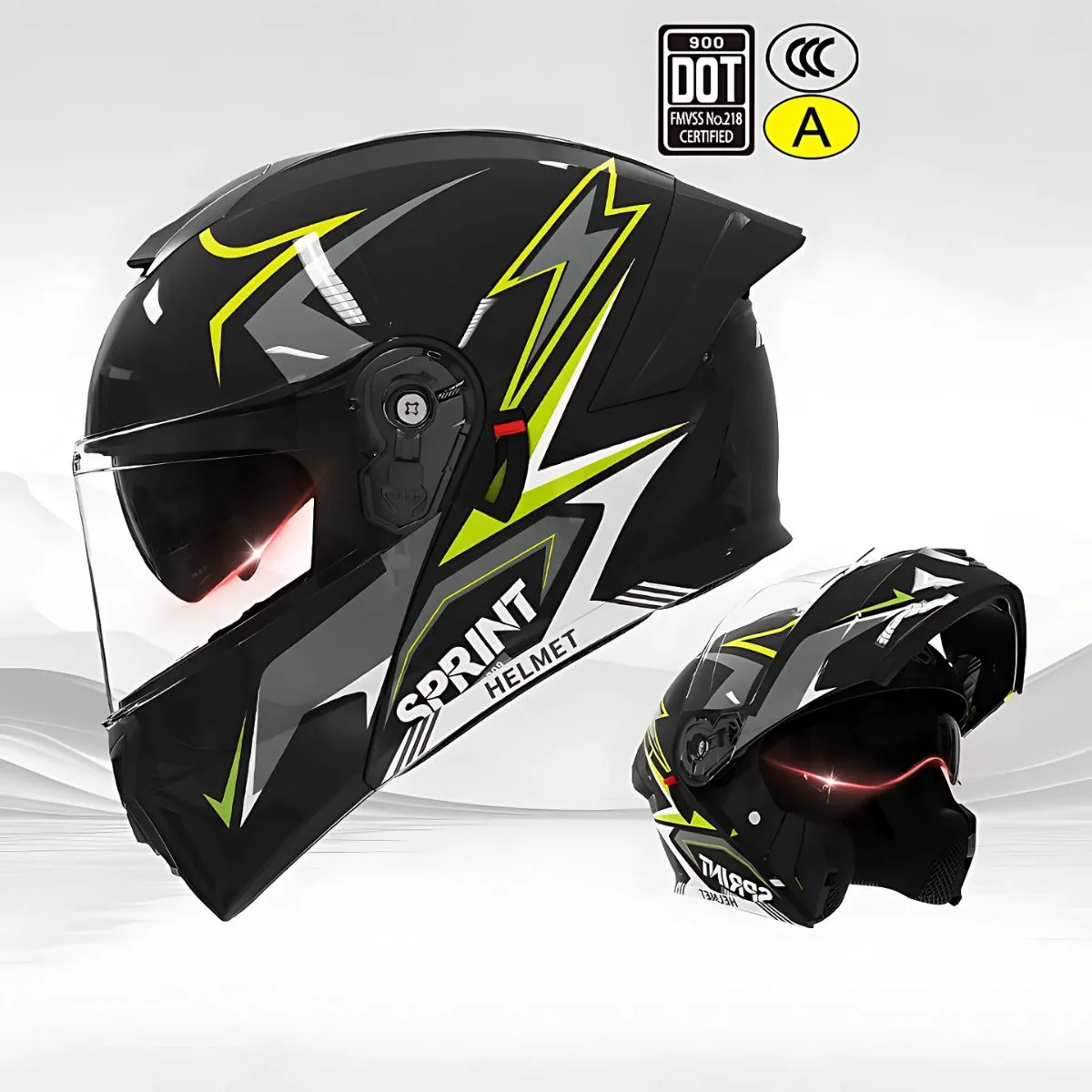 Casco Modular Para Motocicletas. Color Negro Y Verde Fosforescente Con Visor Transparente, Certificación DOT/3C. Talla Universal. Unisex.