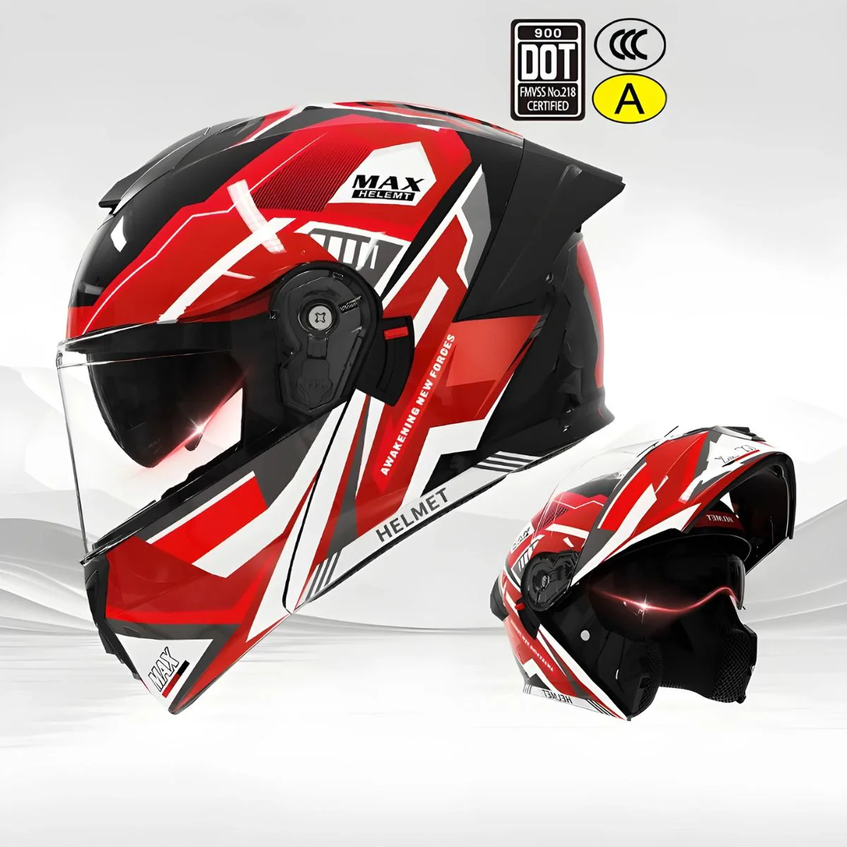 Casco Modular Para Motocicletas. Color Rojo Y Blanco Con Visor Transparente, Certificación DOT/3C.Talla Universal. Unisex.